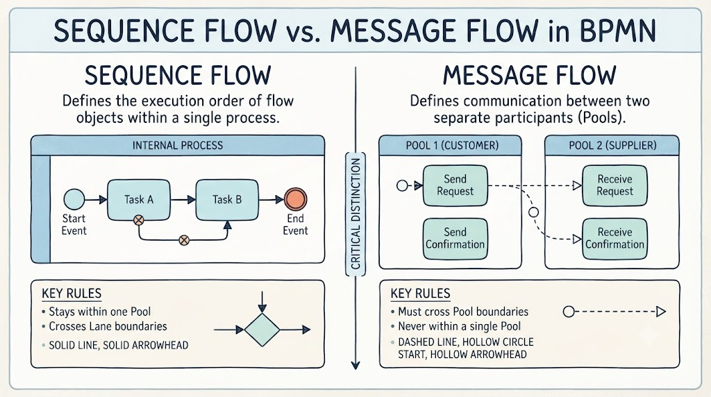 BPMN-Verbindungen entschlüsselt: Sequenzfluss im Vergleich zu Nachrichtenfluss BPMN-Verbindungen entschlüsselt: Sequenzfluss im Vergleich zu Nachrichtenfluss