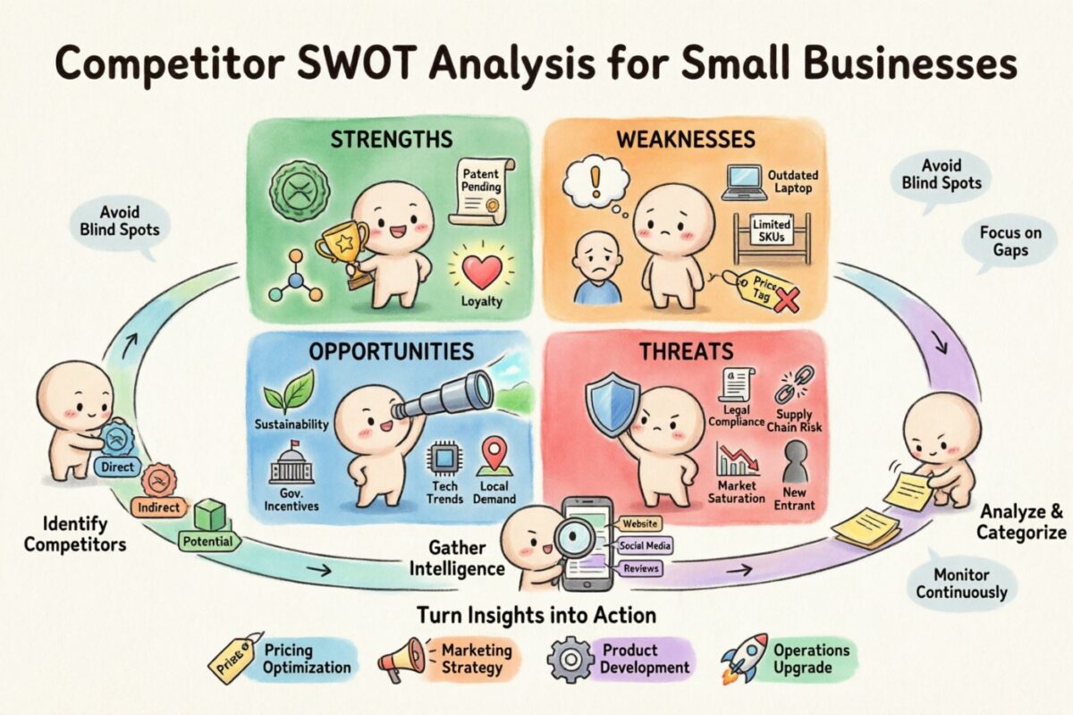 छोटे व्यवसायों के लिए प्रतिद्वंद्वी SWOT विश्लेषण करना छोटे व्यवसायों के लिए प्रतिद्वंद्वी SWOT विश्लेषण करना