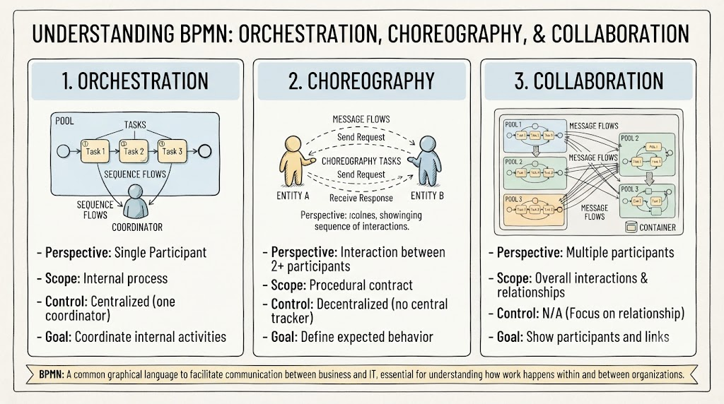 W jaki sposób Orkiestracja, Choreografia i Współpraca różnią się w BPMN? W jaki sposób Orkiestracja, Choreografia i Współpraca różnią się w BPMN?