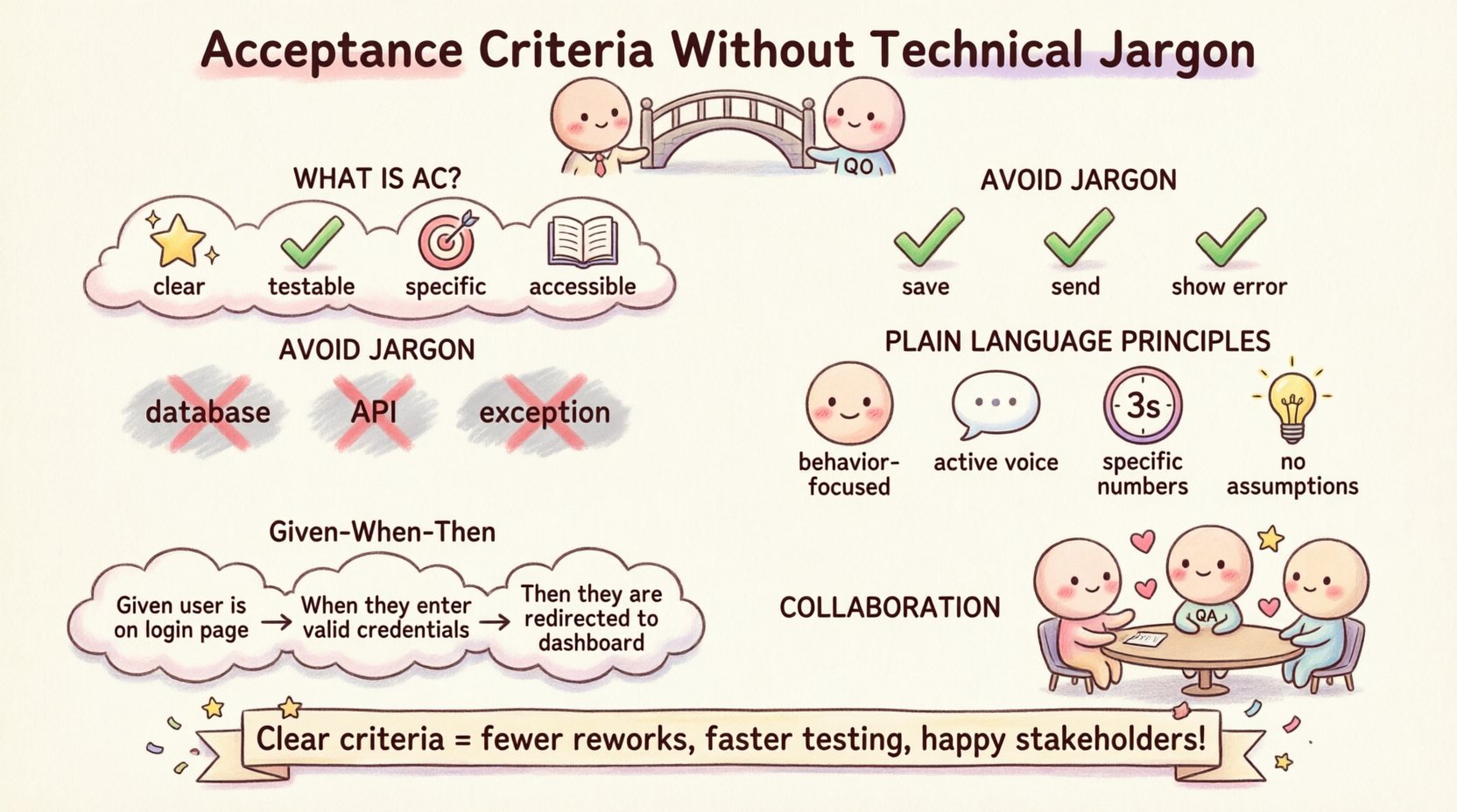 Kawaii-style infographic summarizing how to write acceptance criteria without technical jargon, featuring cute characters illustrating plain language principles, Given-When-Then pattern examples, collaboration tips, and before/after comparisons of technical vs. user-focused requirements for software teams