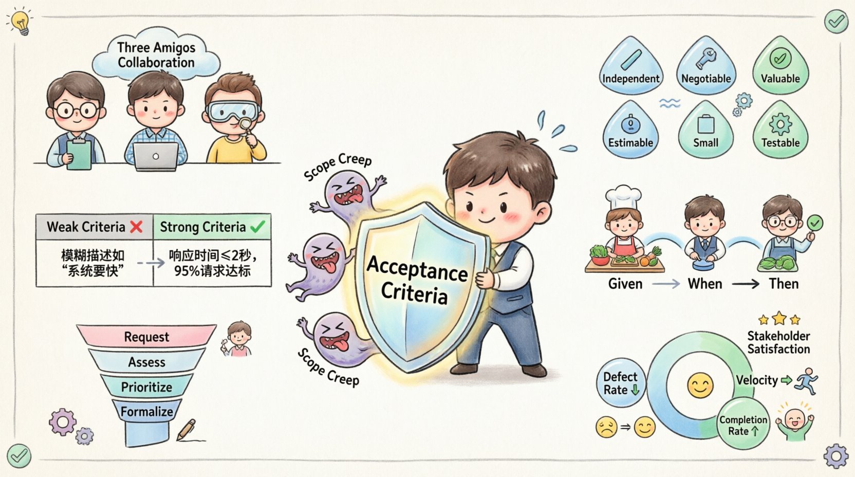 Chibi-style infographic illustrating how acceptance criteria prevent scope creep in agile projects, featuring cute character illustrations of the Three Amigos collaboration technique, INVEST model principles, weak vs strong criteria comparison, Given-When-Then BDD examples, change control process flow, and success metrics dashboard for software development teams