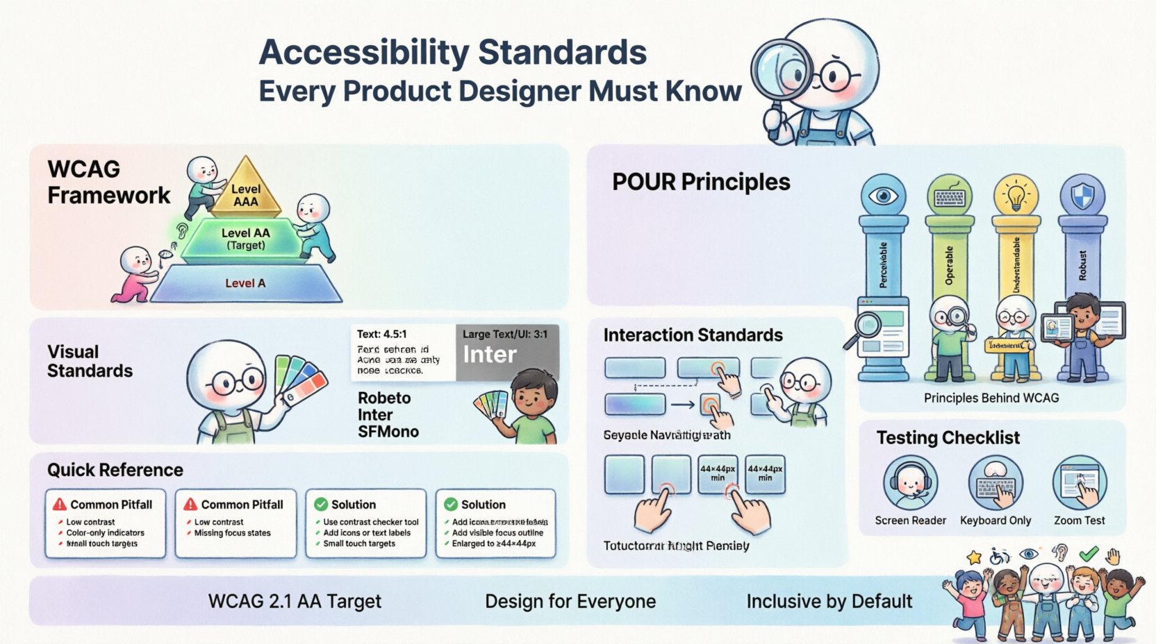 Chibi-style infographic illustrating essential WCAG accessibility standards for product designers in 16:9 format, featuring the four POUR principles (Perceivable, Operable, Understandable, Robust), WCAG conformance levels A/AA/AAA pyramid, visual design requirements including 4.5:1 color contrast ratio and 16px minimum font size, interaction guidelines like keyboard navigation and 44x44px touch targets, common design pitfalls with accessible solutions, and testing best practices, all conveyed through cute chibi characters, high-contrast colors, and clear visual hierarchy to promote inclusive digital product design