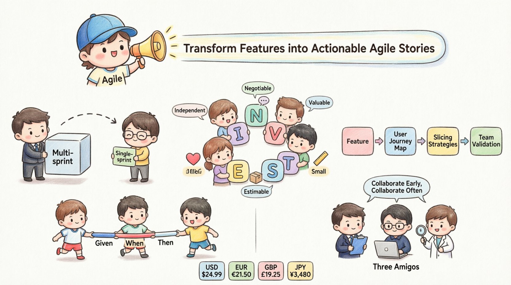 Chibi-style infographic illustrating how to transform Agile features into actionable user stories. Features a cute Agile coach character with title banner. Left panel compares Features (large multi-sprint boxes) vs User Stories (small single-sprint cards) from business and user perspectives. Center showcases the INVEST model with six chibi icons: Independent (puzzle), Negotiable (chat), Valuable (heart), Estimable (ruler), Small (tiny box), Testable (checkmark). Right panel displays the 4-step decomposition process: Identify User Value â Map User Journey â Slice Functionality â Validate with Team. Bottom section shows Given-When-Then acceptance criteria format with three characters passing a baton, plus the Three Amigos collaboration model (Product Owner with clipboard, Developer with laptop, Tester with magnifying glass). Footer includes a practical Multi-Currency Support example broken into four user story cards. Soft pastel color palette, kawaii vector art style, clean typography, 16:9 layout optimized for Agile team presentations and blog content about user story mapping, backlog refinement, and sprint planning.