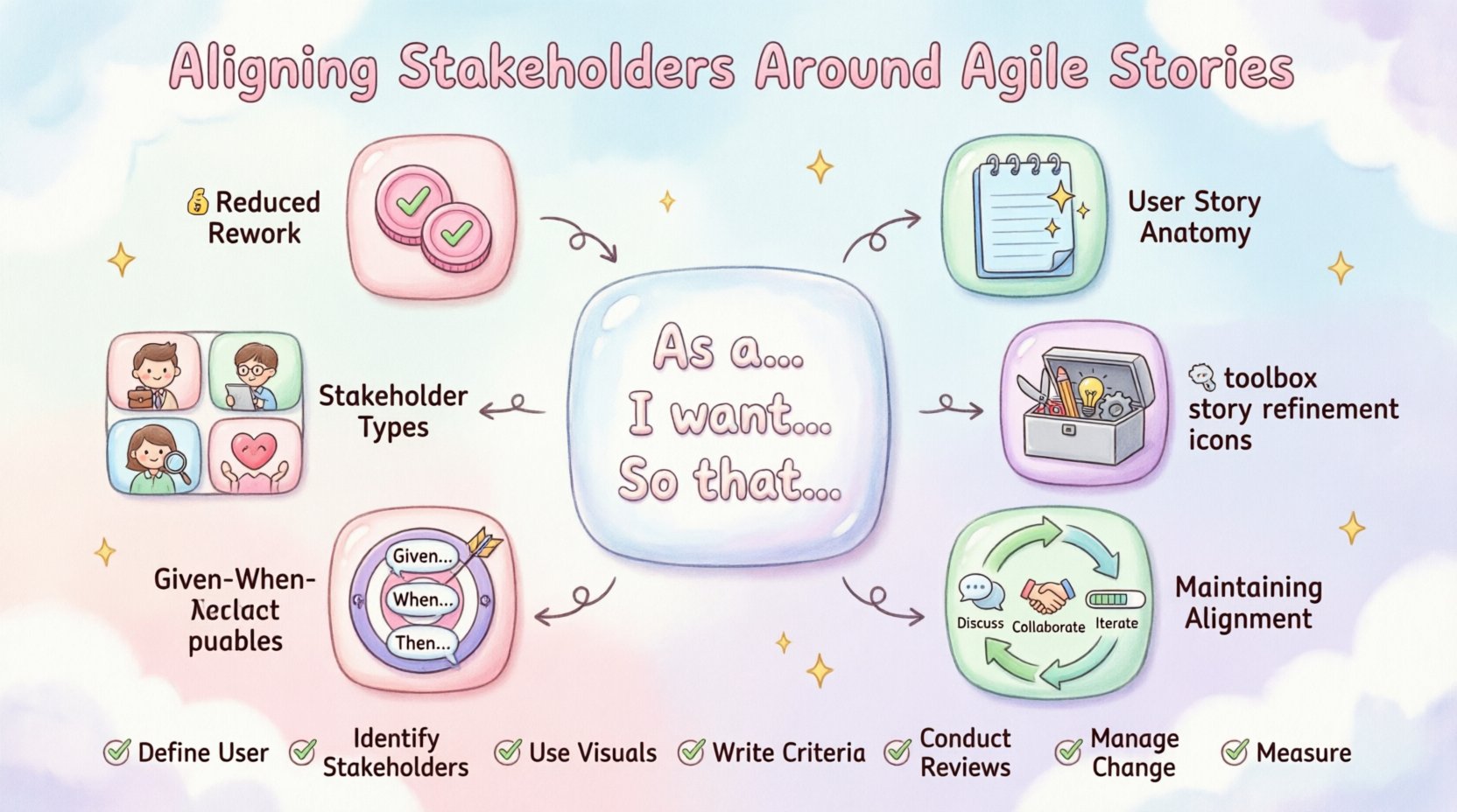 Kawaii-style infographic summarizing agile stakeholder alignment best practices: user story anatomy (As a/I want/So that), key stakeholder types (business owners, end users, tech leads, compliance, support), collaboration techniques (story refinement, Three Amigos, prototyping, early UAT), acceptance criteria with Given-When-Then format, conflict resolution strategies, and metrics for maintaining alignment in agile delivery