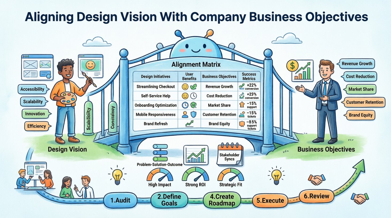 Cartoon infographic illustrating how to align UX design vision with company business objectives, featuring a bridge connecting design pillars (accessibility, scalability, consistency, innovation, efficiency) to business metrics (revenue growth, cost reduction, market share, customer retention, brand equity), with an alignment matrix table mapping design initiatives to user benefits and KPIs, communication frameworks, ROI measurement tools, and practical implementation steps in a colorful 16:9 layout