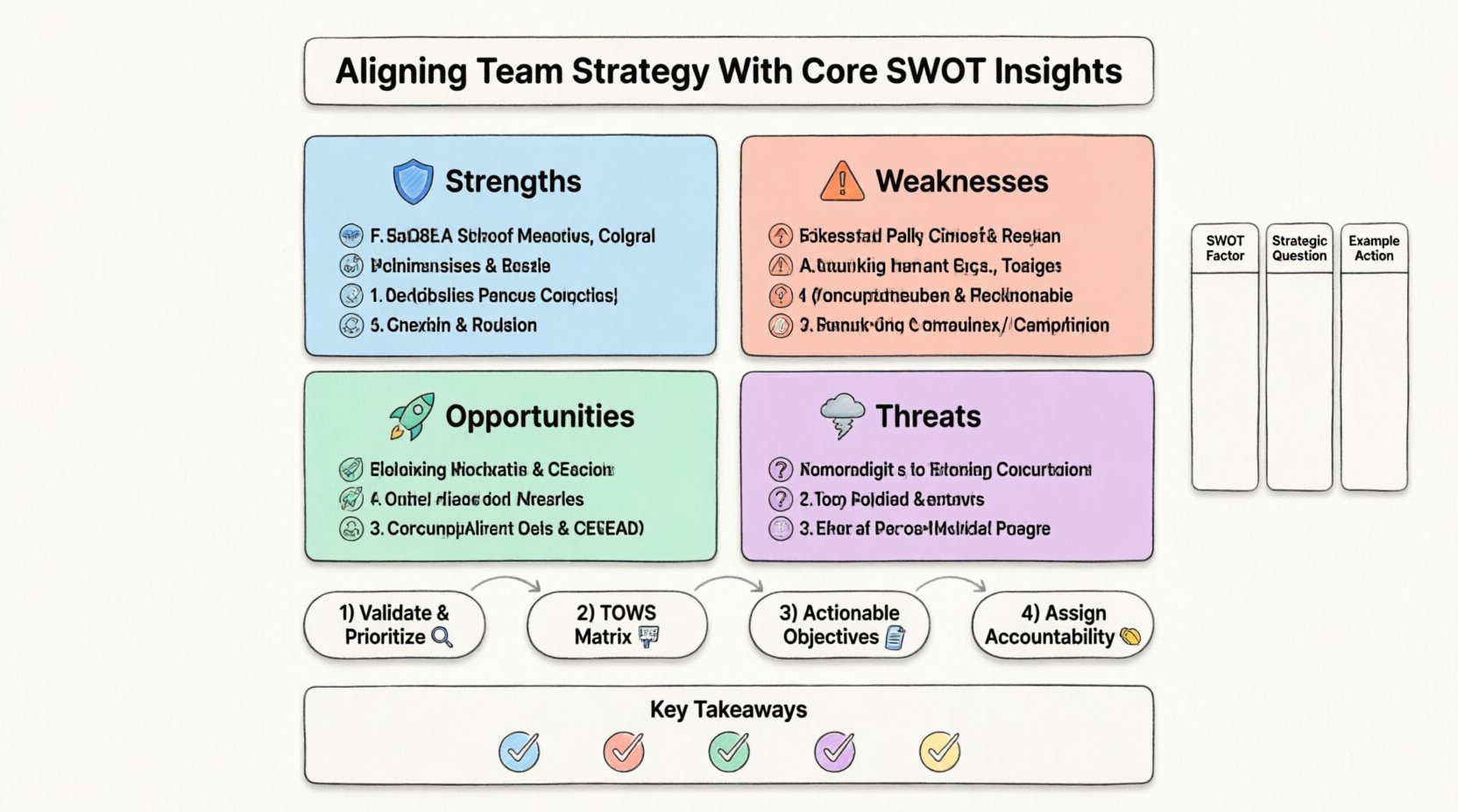 Infographic showing how to align team strategy with SWOT analysis insights: four pastel-colored quadrants for Strengths (shield), Weaknesses (warning), Opportunities (rocket), and Threats (cloud) with black-outlined icons, plus a 4-step workflow for translating SWOT findings into actionable objectives using the TOWS matrix, designed in clean flat style with rounded shapes and ample white space for educational and social media use