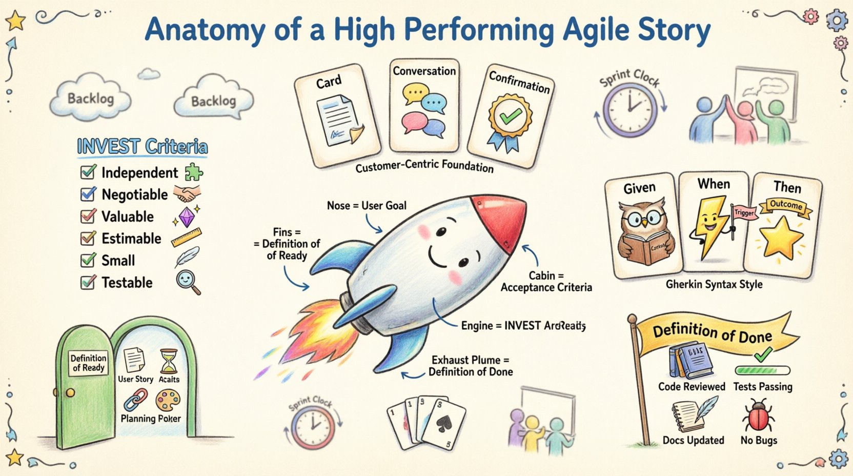 Whimsical infographic illustrating the anatomy of a high-performing agile user story, featuring the Three Cs framework (Card, Conversation, Confirmation), INVEST criteria checklist, Gherkin syntax examples for acceptance criteria, Definition of Ready and Definition of Done gates, and agile refinement best practices in a playful cartoon style