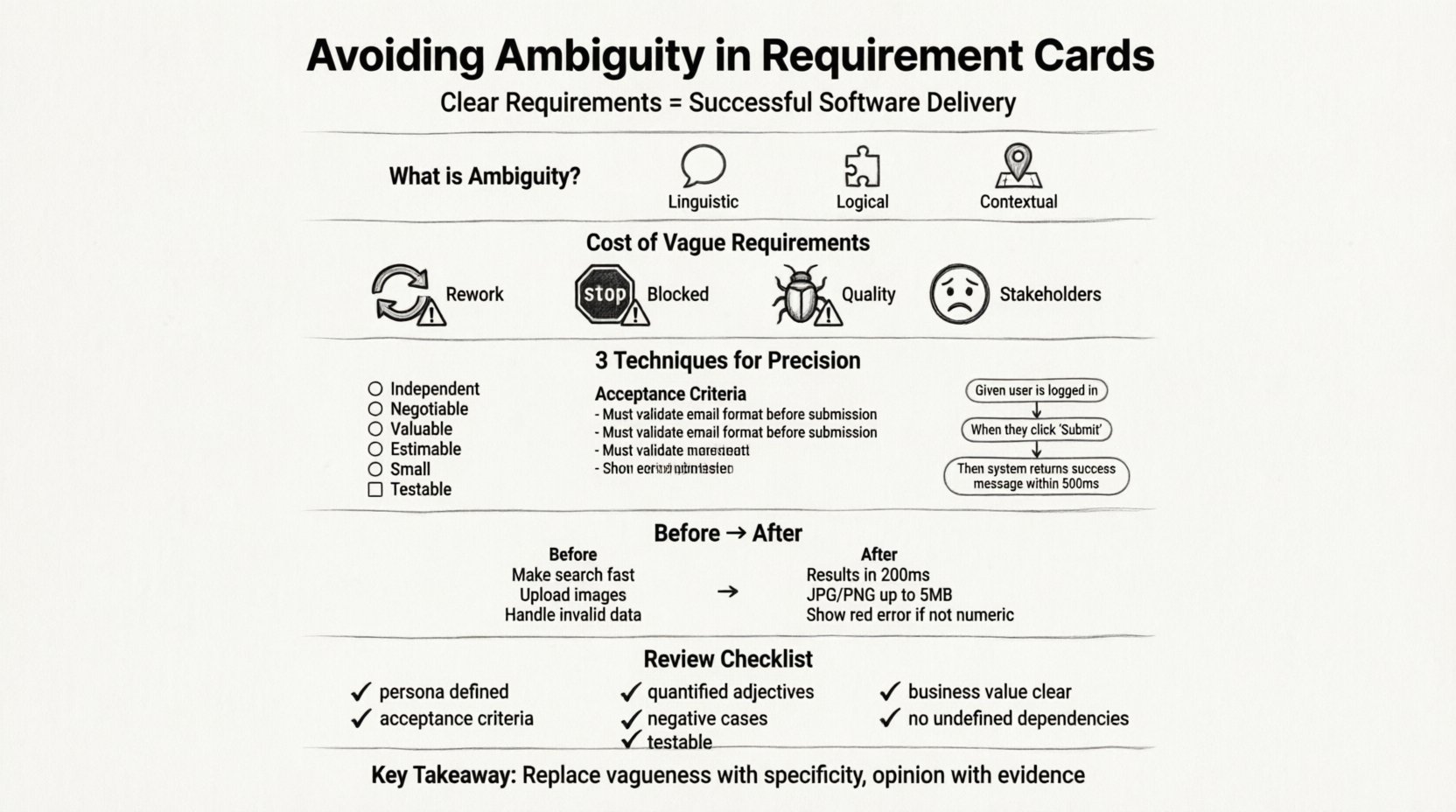 Line art infographic summarizing best practices for avoiding ambiguity in software requirement cards, covering types of ambiguity, costs of vague requirements, precision techniques like INVEST and Gherkin syntax, before/after examples, and a clarity checklist for development teams