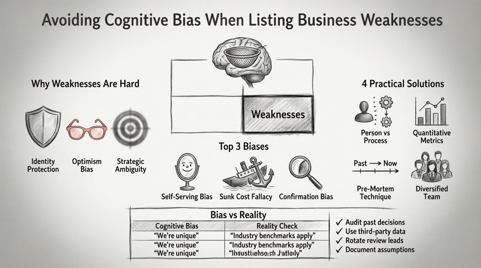 Charcoal sketch infographic illustrating how to avoid cognitive bias when identifying business weaknesses in SWOT analysis. Features: highlighted Weaknesses quadrant, brain icon with bias filters, three key biases (self-serving bias, sunk cost fallacy, confirmation bias) with symbolic illustrations, four practical solutions (separate person from process, use quantitative metrics, pre-mortem technique, diversify review team), bias-versus-reality comparison table, and final review checklist. Hand-drawn contour style with professional business aesthetic, designed to help leaders conduct honest internal audits and build bias-resistant strategic planning processes.
