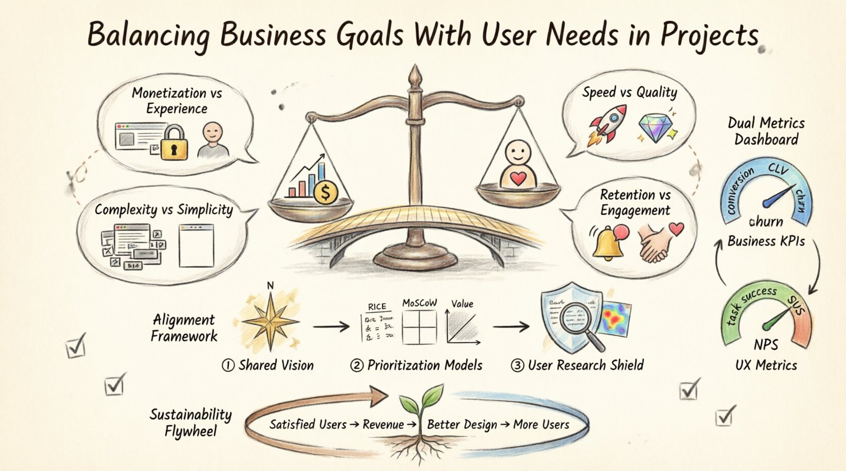 Hand-drawn infographic illustrating how to balance business goals with user needs in product development projects, featuring a central scale icon, four common conflict areas, a three-step alignment framework, dual metrics dashboard showing business and UX KPIs, and a sustainability flywheel diagram, all rendered in warm watercolor sketch style with clear visual hierarchy for easy comprehension