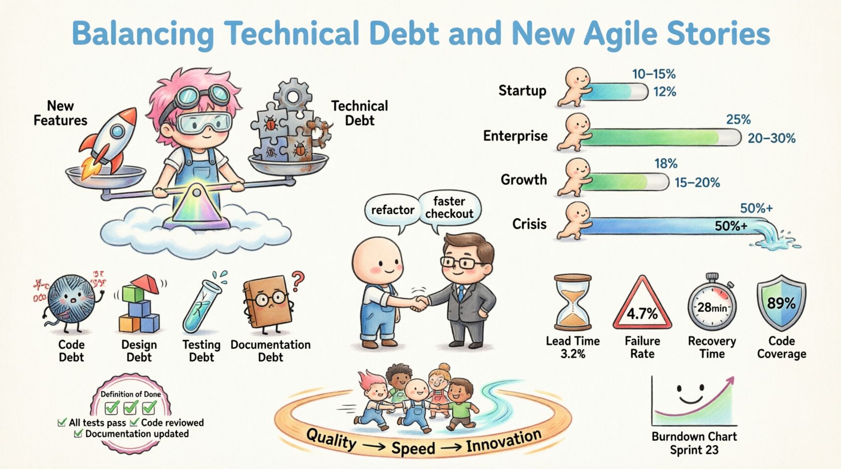 Chibi-style infographic illustrating how agile software teams balance technical debt reduction with new feature development, showing debt types (code, design, testing, documentation), strategic allocation percentages by project phase, key metrics like lead time and failure rate, stakeholder communication strategies, and a sustainability flywheel connecting quality to speed and innovation