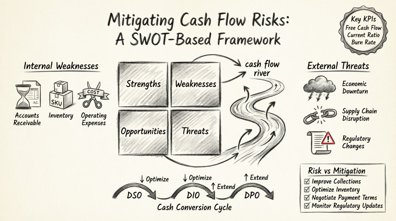 Charcoal sketch infographic illustrating cash flow risk mitigation strategies using SWOT analysis framework, featuring four quadrants (Strengths, Weaknesses, Opportunities, Threats) connected to liquidity management tactics including accounts receivable optimization, inventory control, expense reduction, economic downturn preparedness, supply chain resilience, and cash conversion cycle metrics (DSO, DPO, DIO), with hand-drawn contour style, KPI badges, and risk-mitigation mapping checklist for financial stability planning