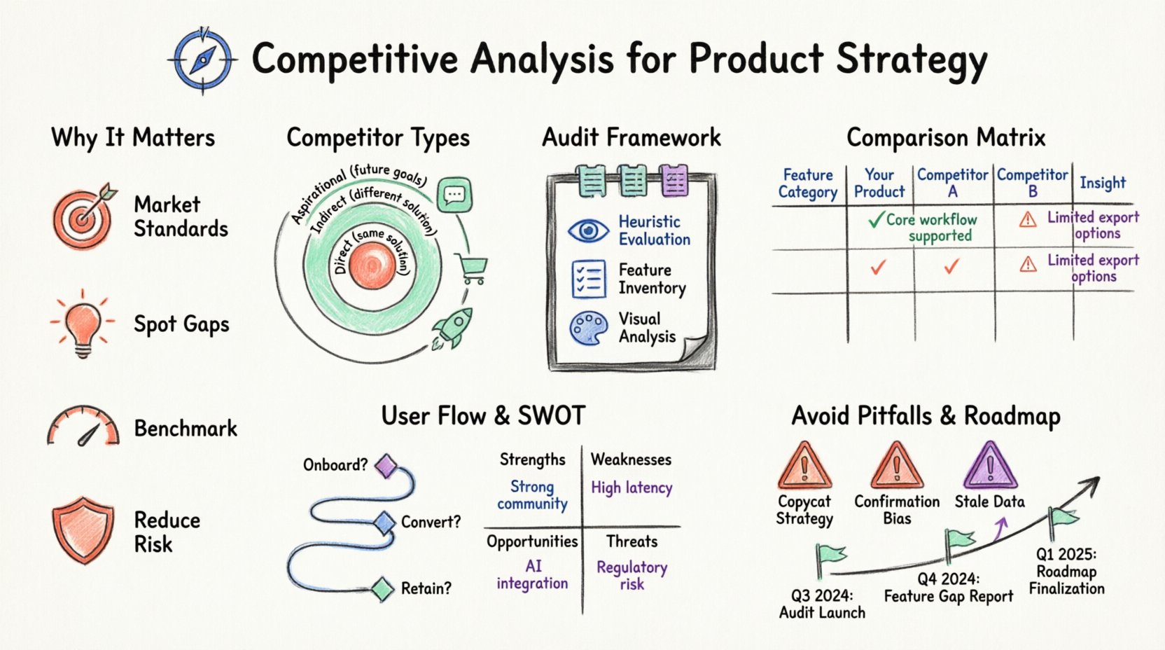 Marker-style infographic illustrating the competitive analysis process for product strategy: defining scope, categorizing competitors (direct/indirect/aspirational), audit framework with heuristic evaluation and feature inventory, comparison matrix template, user flow mapping journey, SWOT analysis quadrants, common pitfalls to avoid, and roadmap integration - hand-drawn sketch aesthetic with vibrant colors on 16:9 layout for UX designers and product teams
