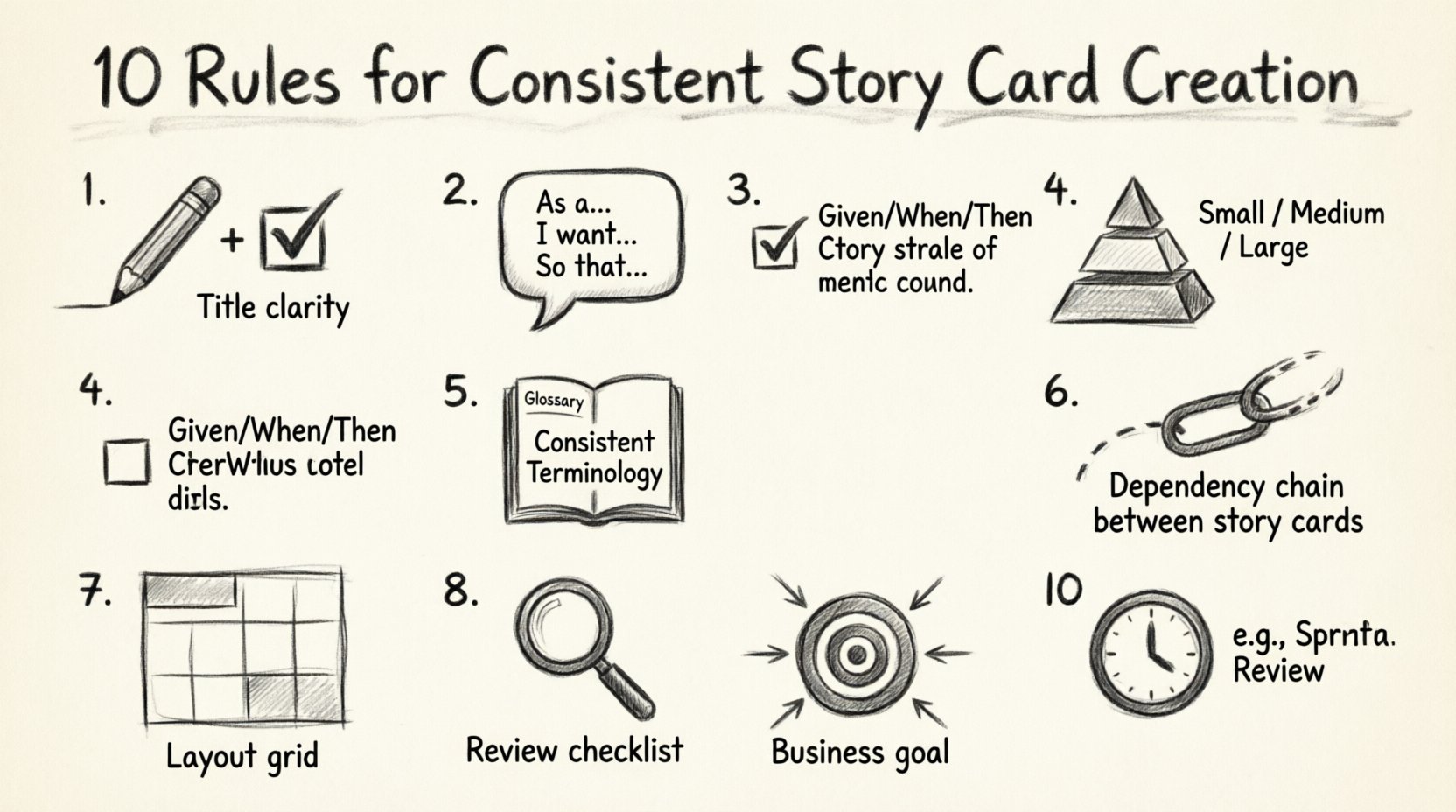 Charcoal contour sketch infographic illustrating 10 rules for consistent agile story card creation: clear concise titles, standard As-a-I-want-So-that format, detailed acceptance criteria with Gherkin syntax, story sizing guidelines using INVEST model, consistent team terminology, documented dependencies, visual formatting standards, refinement review checklist, business goal traceability, and quarterly backlog audits for agile development teams