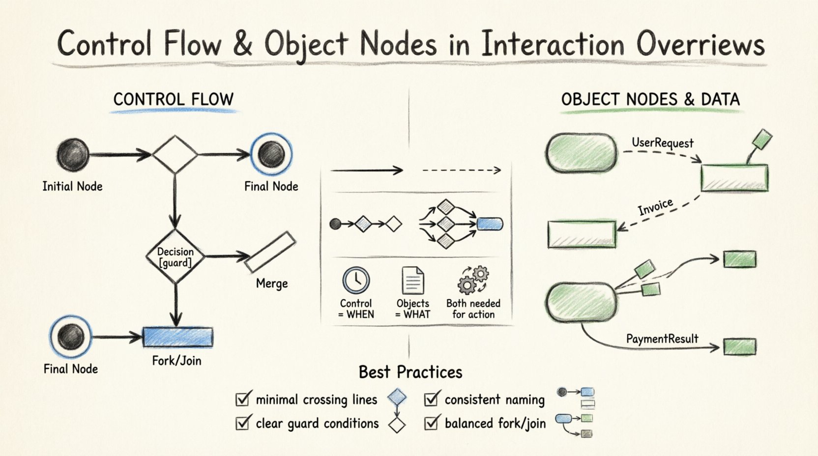 Hand-drawn infographic explaining Control Flow and Object Nodes in UML Interaction Overview Diagrams, featuring visual representations of initial/final nodes, decision/merge diamonds, fork/join bars, object pins and buffers, solid arrows for control sequencing versus dashed arrows for data transport, a comparison table highlighting key differences, and best practices checklist for modeling robust system workflows