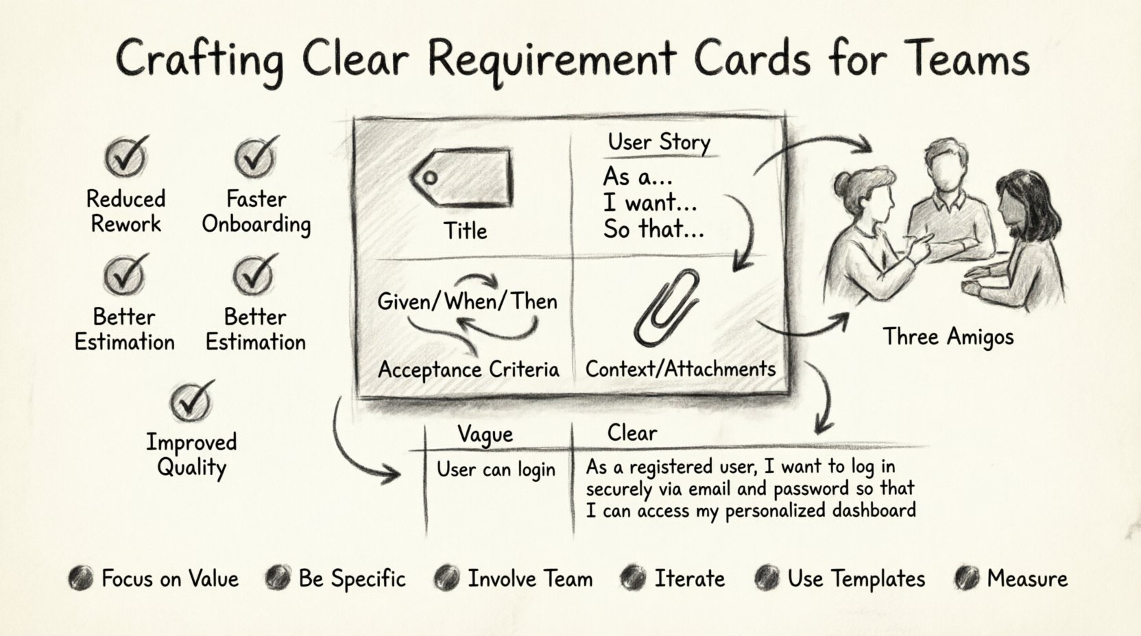 Charcoal contour sketch infographic illustrating best practices for crafting clear requirement cards: shows anatomy of user story cards with title, user-centric description, Given/When/Then acceptance criteria, and context sections; includes Three Amigos collaboration model, vague vs clear criteria comparison, and six key principles for team requirement writing