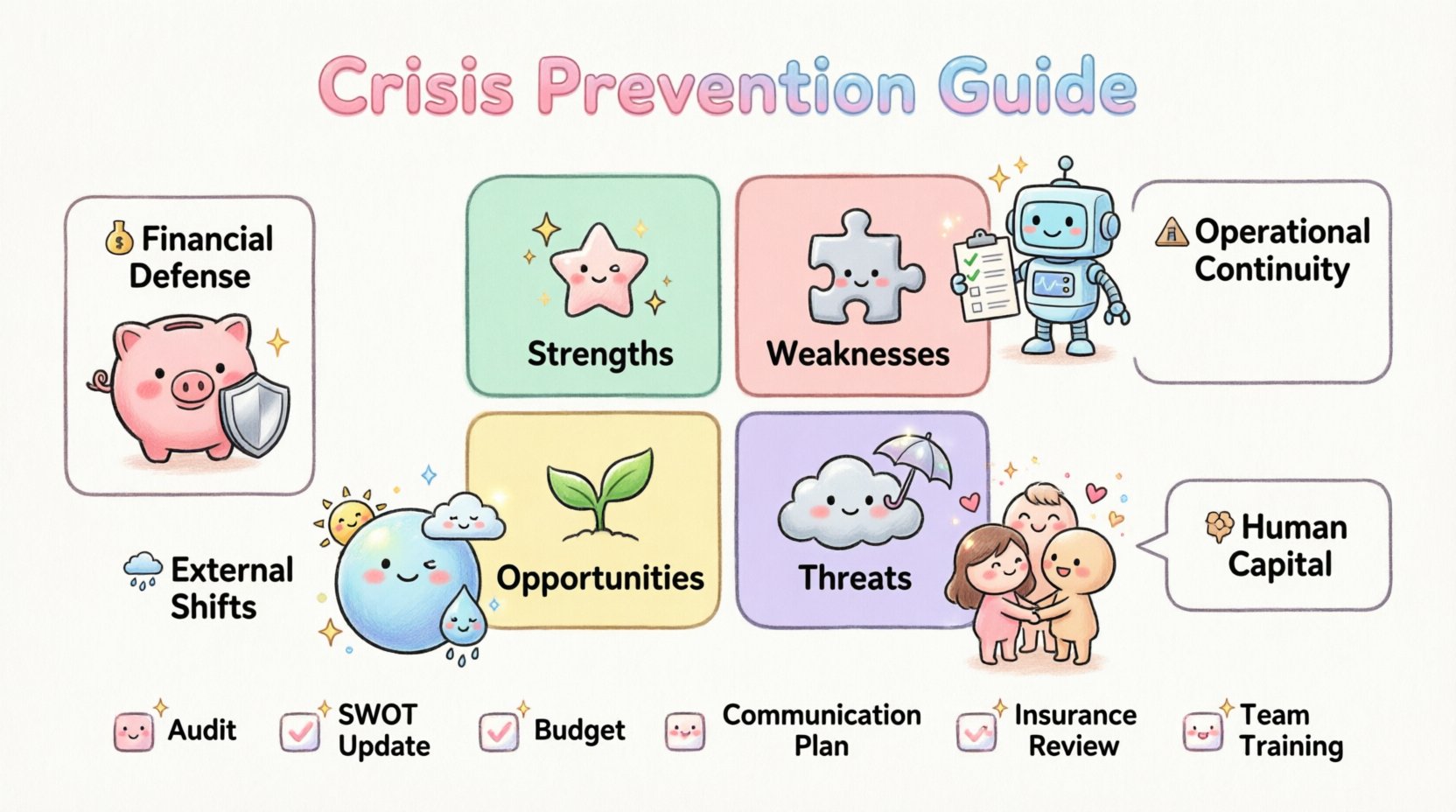 Kawaii-style infographic illustrating crisis prevention strategies for small business owners using SWOT analysis framework, featuring cute pastel visuals of financial defense, operational continuity, human capital safeguards, and external risk monitoring with actionable checklist for business resilience