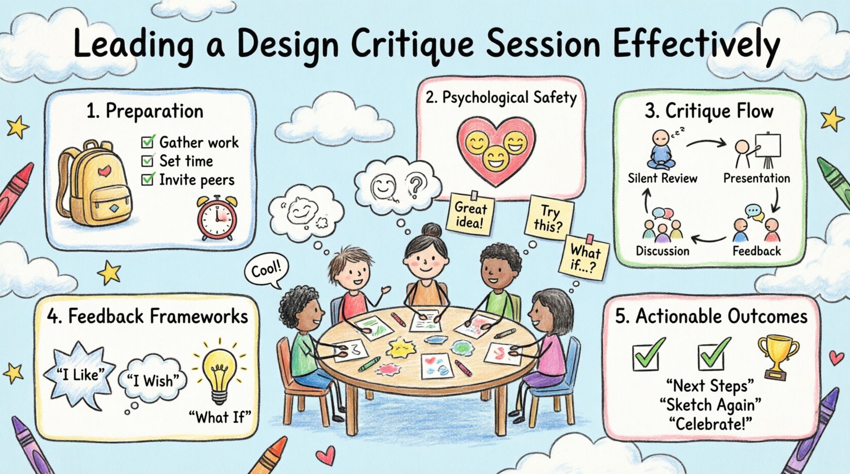 Child-style crayon drawing infographic illustrating how to lead effective design critique sessions: preparation checklist, psychological safety heart shield, four-step feedback flow cycle, I Like/I Wish/What If speech bubbles, and actionable outcomes with checkmarks, featuring playful stick-figure team collaboration in bright colorful whimsical style