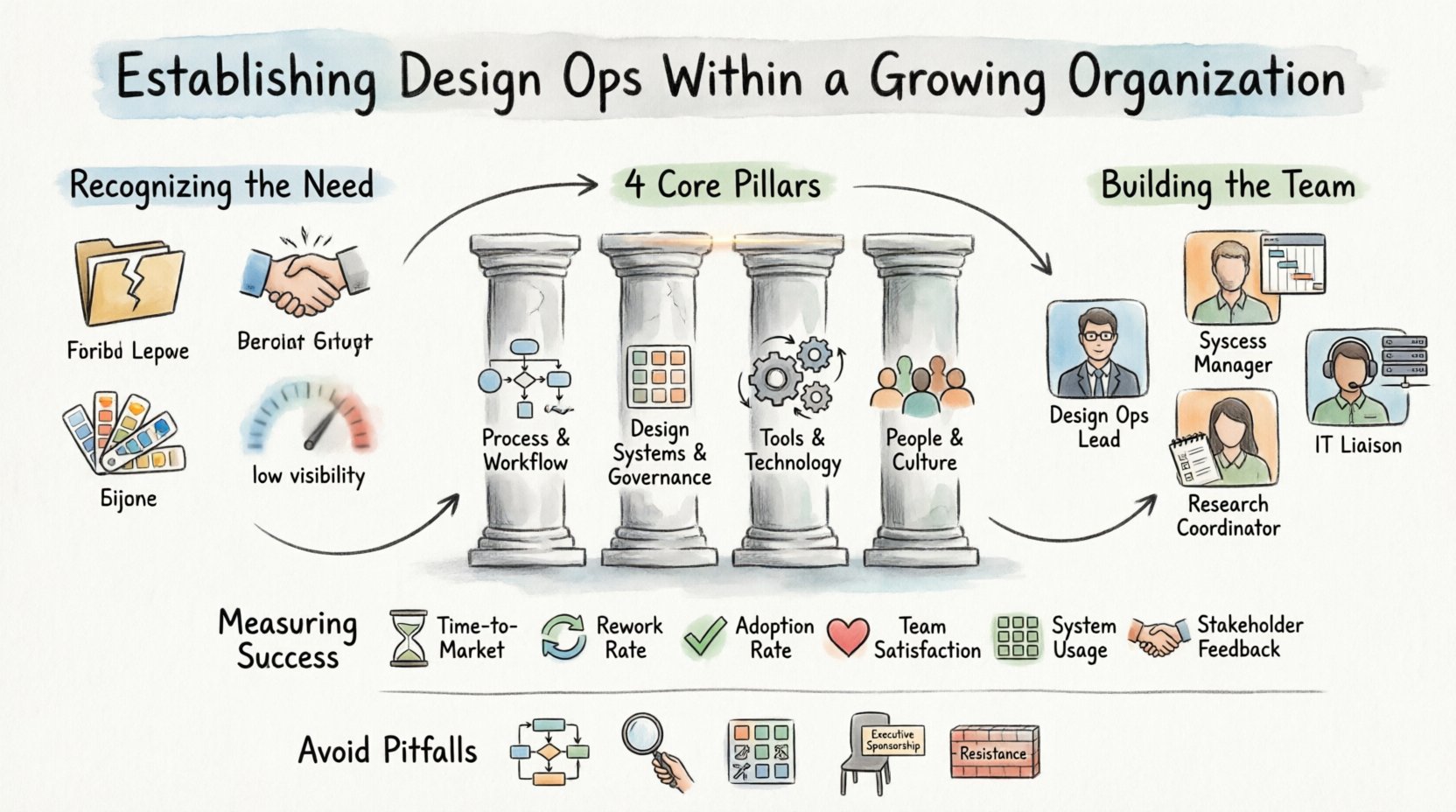 Hand-drawn infographic illustrating how to establish Design Ops in a growing organization: visualizes 5 warning signs of needing operations, 4 core pillars (Process & Workflow, Design Systems & Governance, Tools & Technology, People & Culture), 5 key team roles, workflow strategies, 6 success metrics, and 5 common pitfalls to avoid, all in an organic sketch style with soft watercolor accents