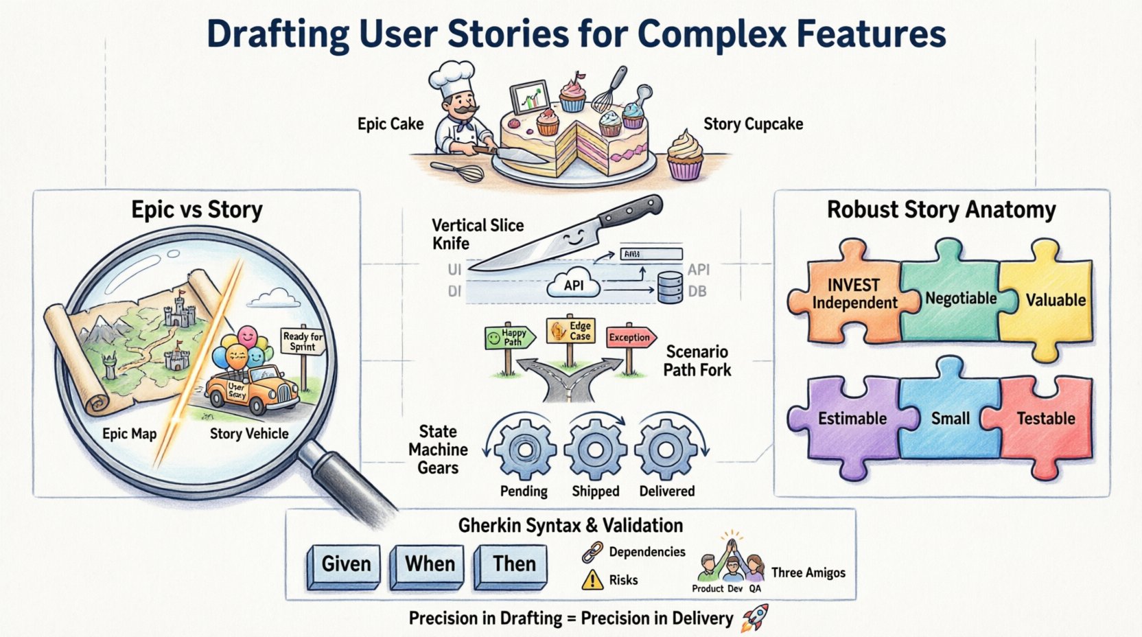 Cartoon infographic summarizing best practices for drafting user stories for complex software features, including epic decomposition, vertical slicing, INVEST criteria, Gherkin acceptance criteria, and collaborative refinement techniques
