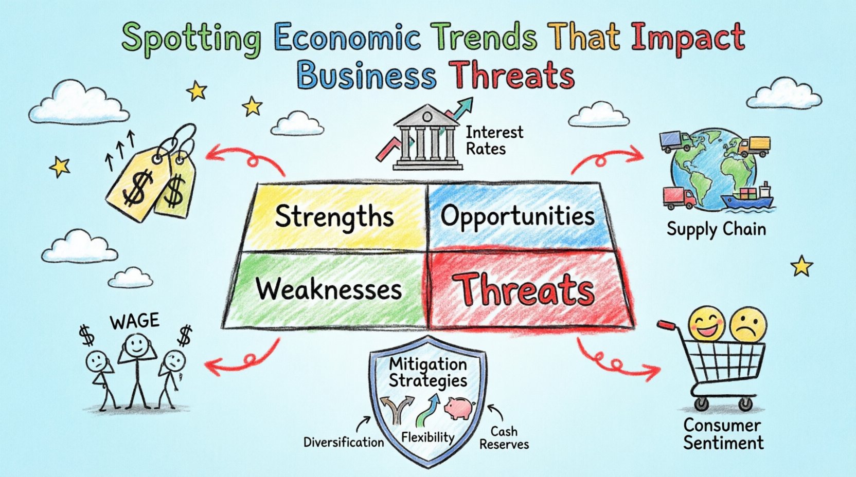 Child's drawing style infographic showing how economic trends like inflation, interest rates, supply chain issues, labor market changes, and consumer sentiment create business threats in a SWOT analysis, with simple icons and mitigation strategies illustrated in bright crayon colors