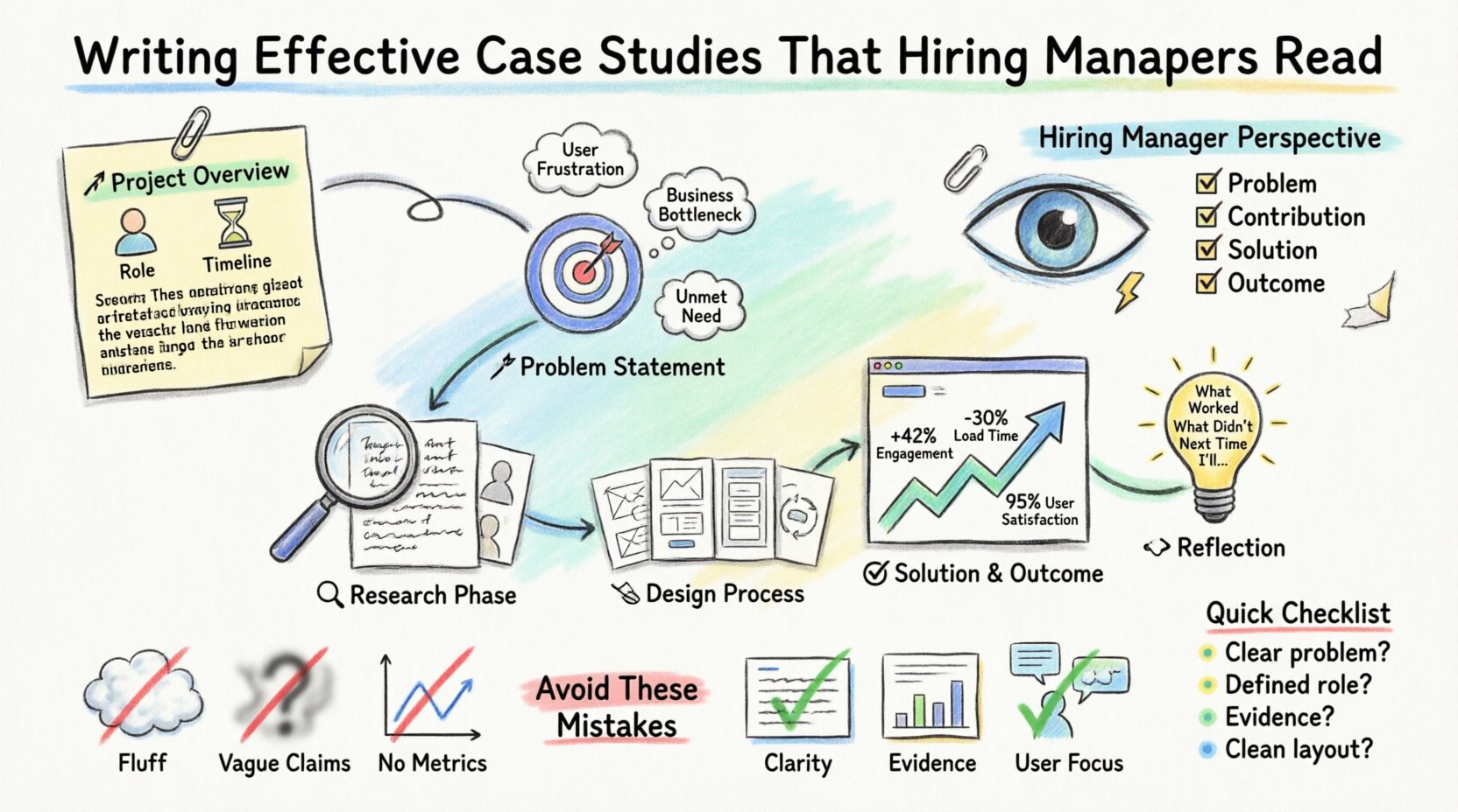 Marker-style infographic illustrating how to write effective UX case studies that hiring managers read, featuring a 6-step anatomy flow: Project Overview, Problem Statement, Research Phase, Design Process, Solution & Outcome, and Reflection, with visual cues for hiring manager priorities, common mistakes to avoid, and a quality checklist, all rendered in vibrant hand-drawn marker illustration style on 16:9 layout