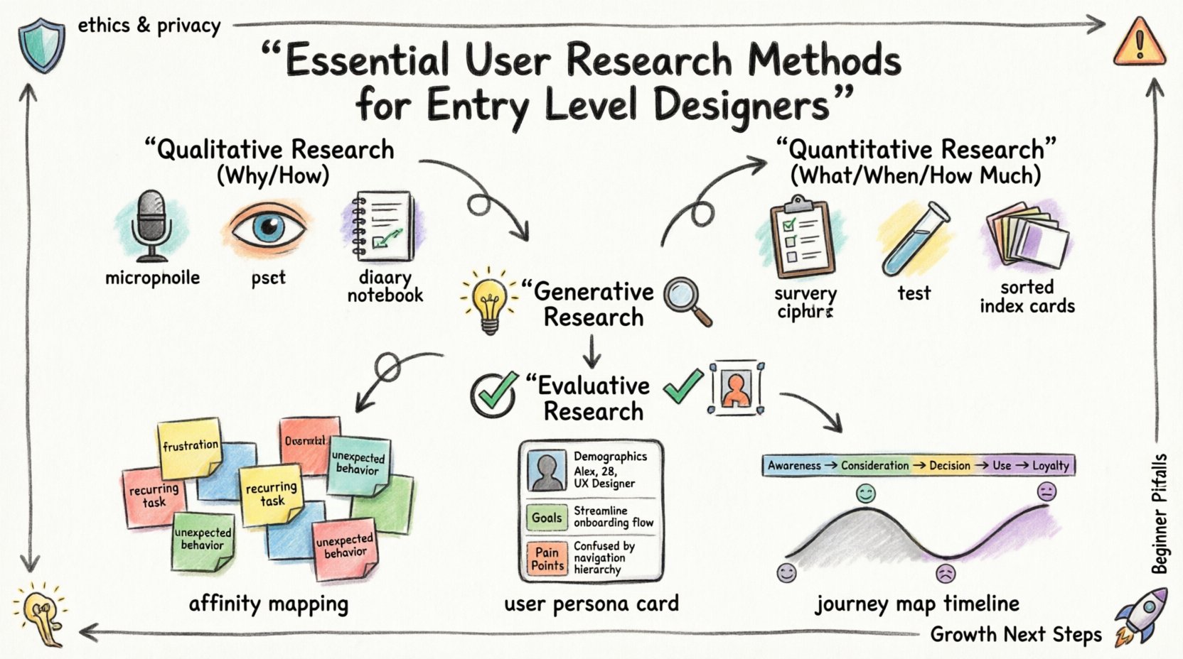 Hand-drawn marker illustration infographic showing essential user research methods for entry-level UX designers, comparing qualitative methods (user interviews, contextual inquiry, diary studies) and quantitative methods (surveys, usability testing, card sorting), with research phases, synthesis techniques like affinity mapping and personas, plus ethics guidelines and common beginner pitfalls