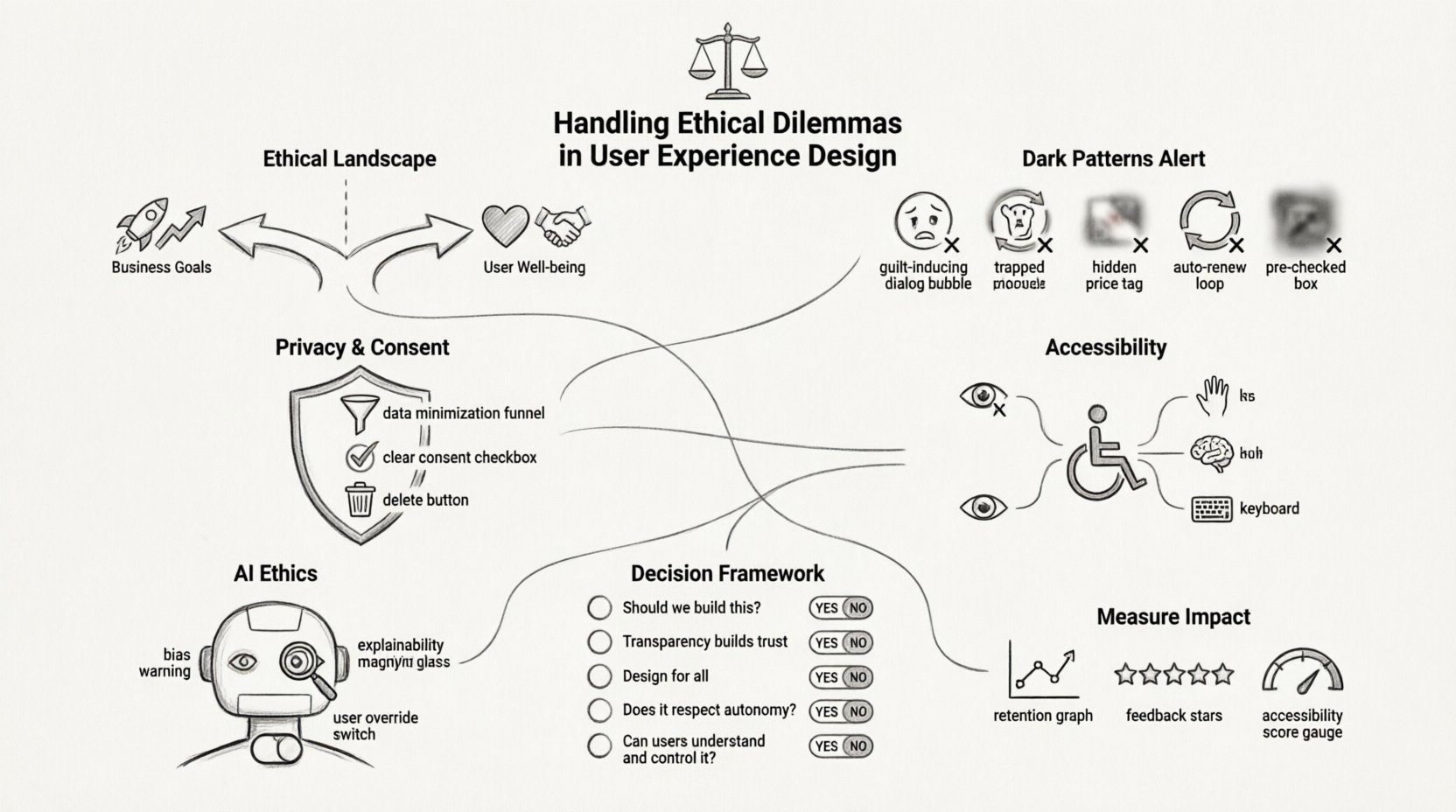 Line art infographic illustrating ethical dilemmas in user experience design: covering dark patterns to avoid, privacy and consent principles, accessibility imperatives, ethical decision-making framework, AI ethics considerations, and impact metrics โ a visual guide for designers prioritizing user autonomy, transparency, and integrity in digital products