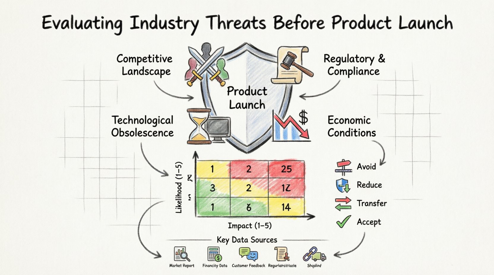 Marker-style infographic showing how to evaluate industry threats before product launch: four external risk categories (competitive landscape, regulatory compliance, technological obsolescence, economic conditions), impact-vs-likelihood risk scoring matrix with priority zones, and four strategic response frameworks (avoid, reduce, transfer, accept) for resilient go-to-market planning