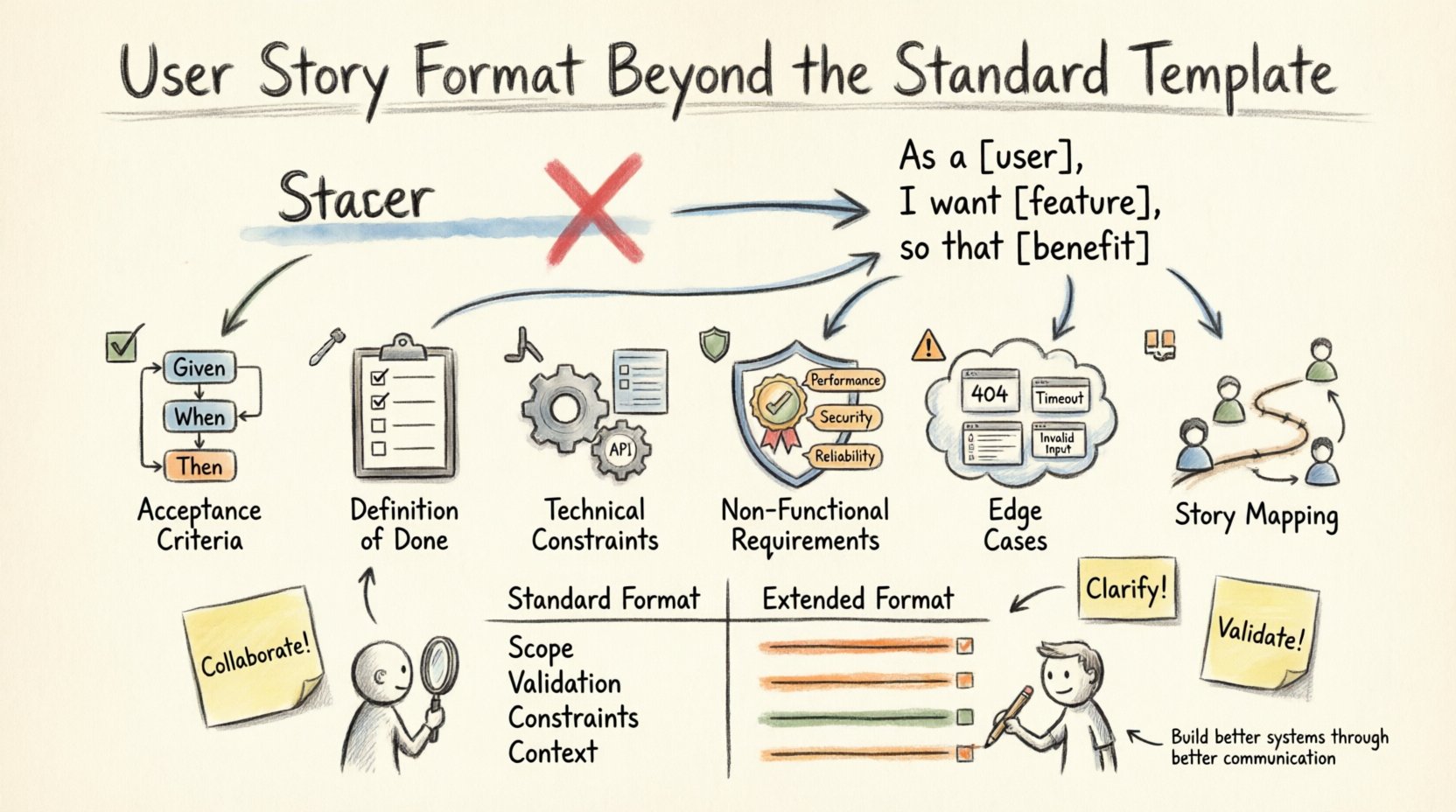 Hand-drawn infographic summarizing how to expand user story formats beyond the standard template, featuring acceptance criteria with Given-When-Then logic, Definition of Done checklist, technical constraints, non-functional requirements for performance and security, edge case handling, and story mapping context for agile product development teams
