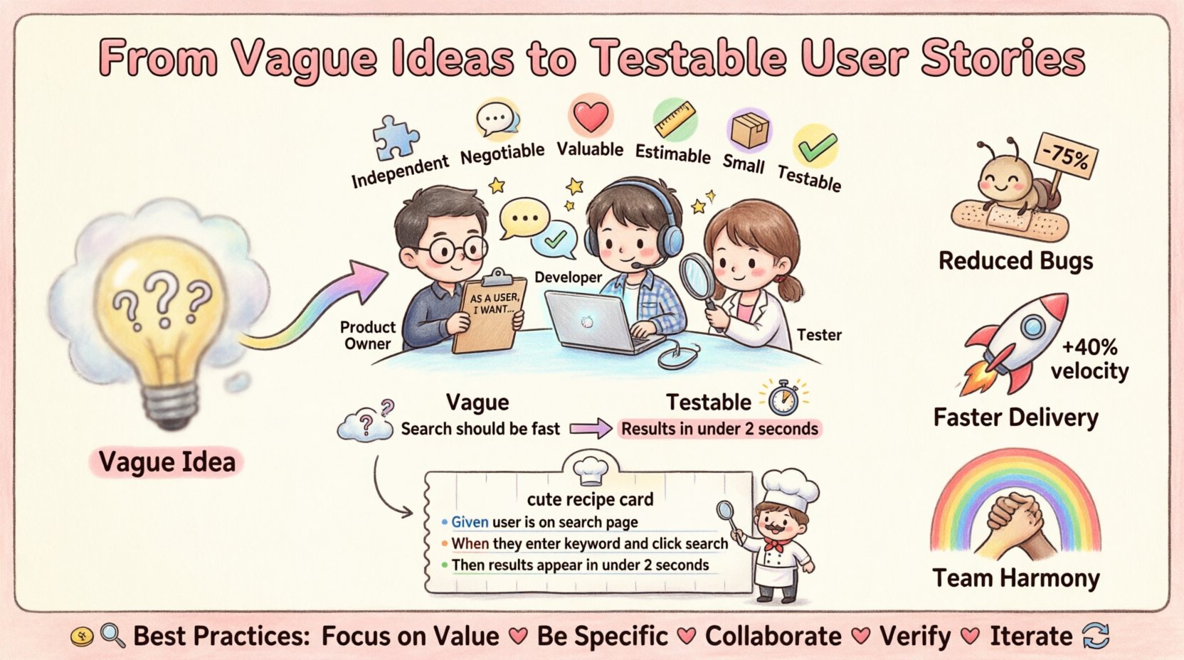 Chibi-style infographic illustrating the journey from vague product ideas to testable user stories, featuring the INVEST model checklist, Three Amigos collaboration (Product Owner, Developer, Tester), before-and-after acceptance criteria examples, Gherkin Given/When/Then syntax, and key best practices for agile teams to improve clarity, reduce rework, and deliver quality software