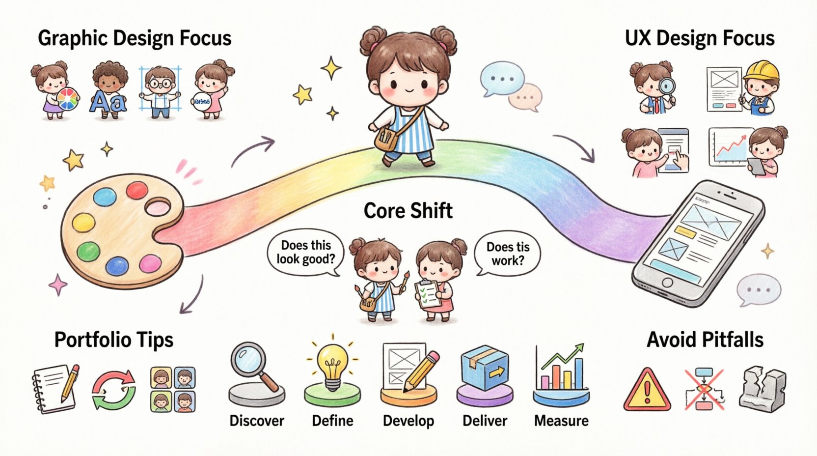 Chibi-style infographic illustrating the journey from graphic design to UX design, featuring cute characters representing mindset shifts, skill comparisons, the 5-step UX process (Discover, Define, Develop, Deliver, Measure), essential skills like user research and usability testing, portfolio strategies, and common pitfalls to avoid, all in a colorful 16:9 layout with minimal English labels for intuitive understanding