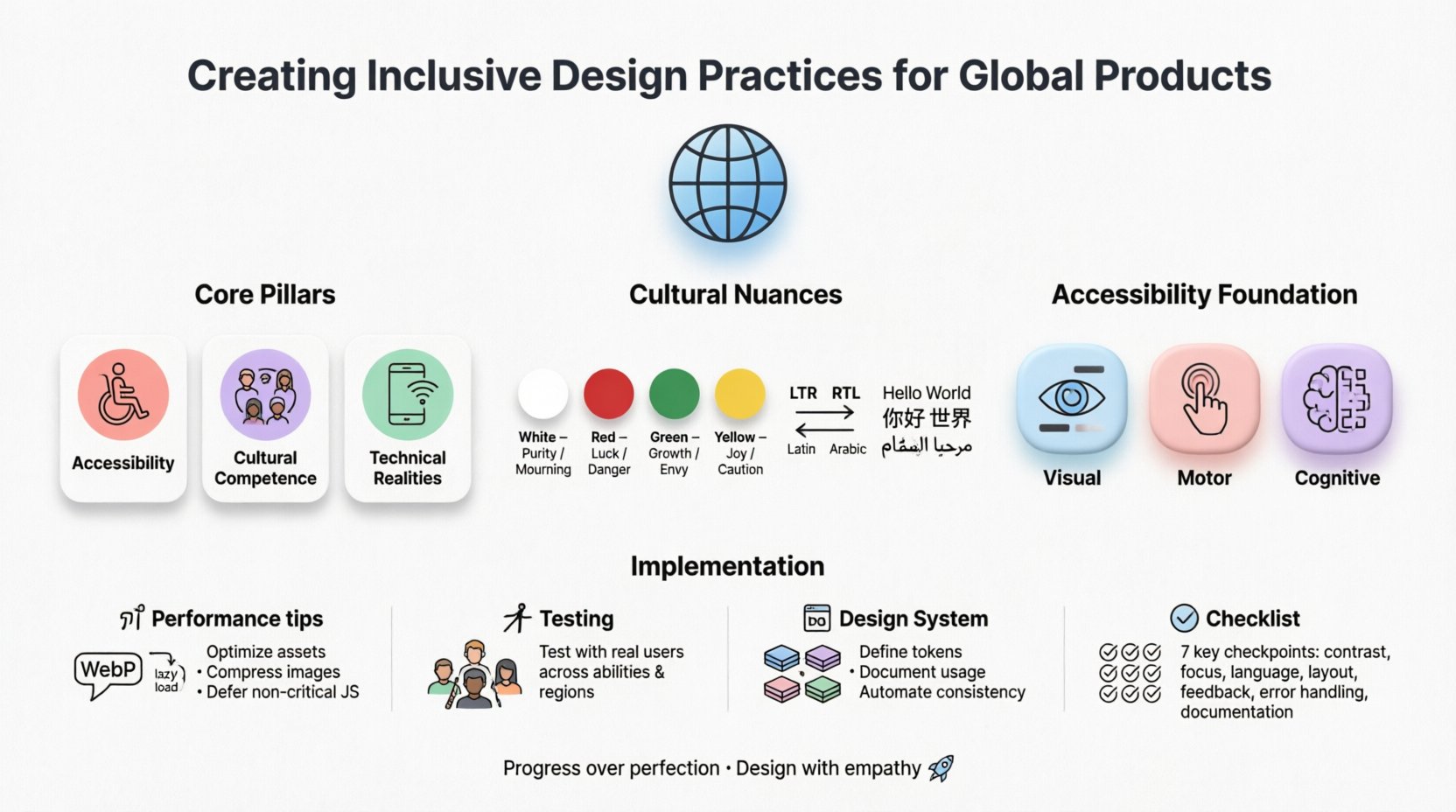 Infographic illustrating inclusive design practices for global digital products: features three core pillars (accessibility, cultural competence, technical adaptability), cultural considerations like RTL layouts and color symbolism across regions, accessibility foundations for visual/motor/cognitive needs, performance optimization tips, diverse user testing strategies, flexible design system components, and a 7-point launch checklist—all presented in a clean flat design with pastel accents and rounded icons for student and social media audiences.
