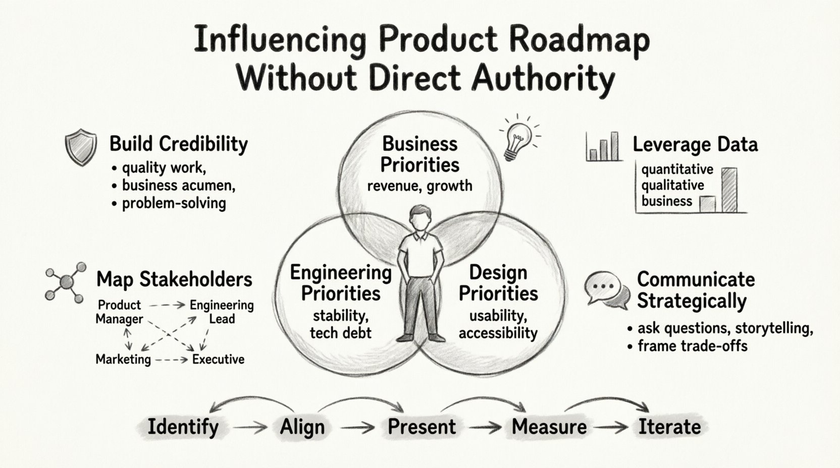 Hand-drawn sketch infographic illustrating how UX designers can influence product roadmaps without direct authority, featuring a central designer at the intersection of engineering, business, and design priorities, surrounded by four key strategies: build credibility, leverage data, map stakeholders, and communicate strategically, with visual flow from identify to iterate in clean 16:9 layout