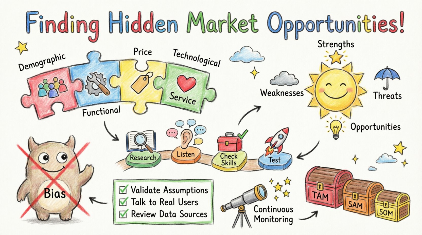 Child's drawing style infographic illustrating how to identify untapped market gaps through opportunity analysis, featuring colorful puzzle pieces for five gap types (Demographic, Functional, Price, Technological, Service), a four-quadrant SWOT sun with simple icons, a 4-step discovery path (Research, Listen, Check Skills, Test), nested treasure chests for TAM/SAM/SOM market sizing, bias warning symbols, a strategic checklist, and a monitoring telescope, all rendered in playful crayon art with wobbly lines, bright primary colors, stick figures, and cheerful doodles on a white background
