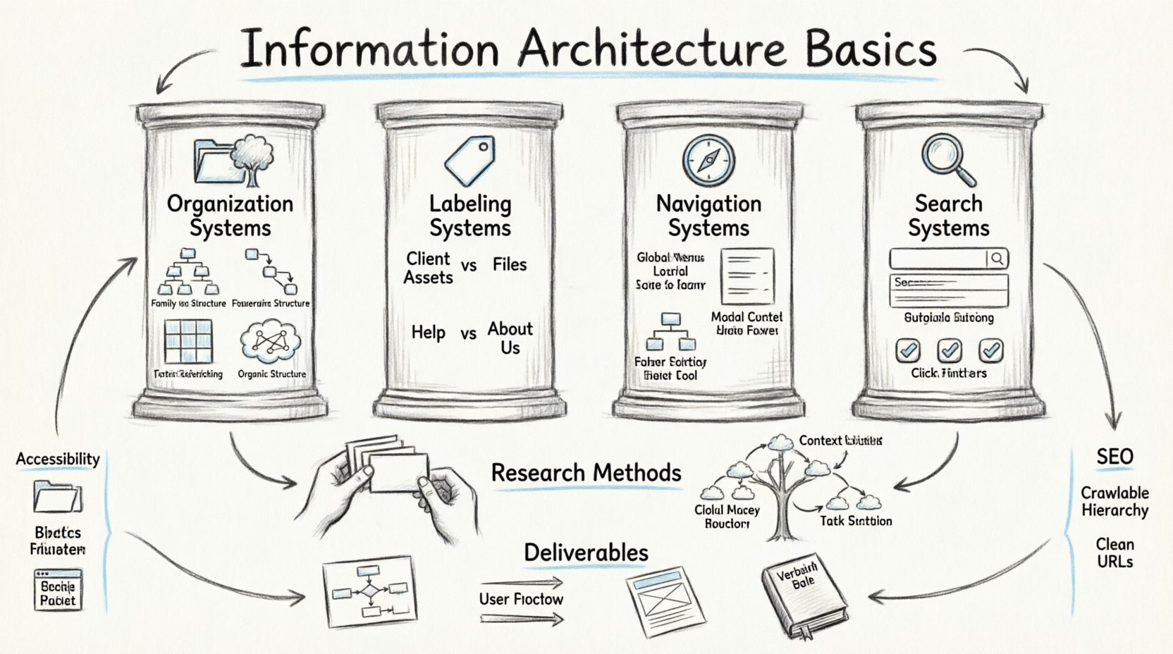 Sketch-style infographic illustrating Information Architecture fundamentals for junior designers, featuring the four pillars (organization systems, labeling systems, navigation systems, search systems), research methods including card sorting and tree testing, key deliverables like sitemaps and user flows, plus accessibility best practices and SEO considerations in a hand-drawn educational layout with clear visual hierarchy