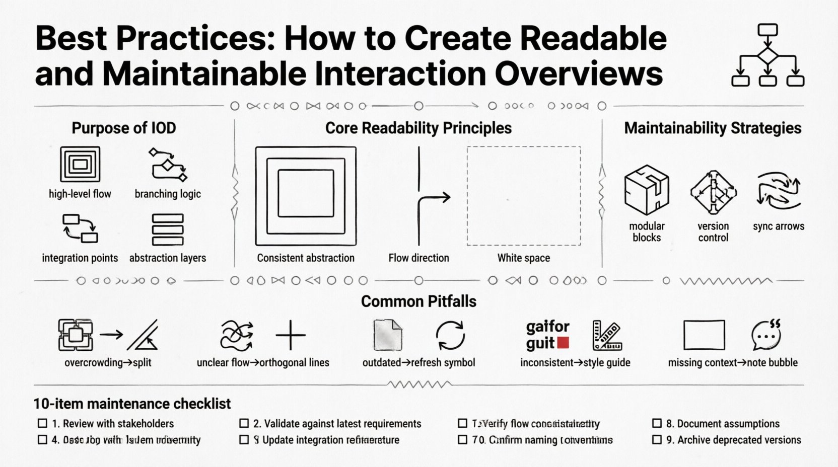 Line art infographic illustrating best practices for creating readable and maintainable Interaction Overview Diagrams (IOD): purpose (high-level flow, logic branching, integration points, abstraction), core readability principles (consistent abstraction levels, optimized flow direction, white space usage), structural standards (verb-noun naming, visual hierarchy), maintainability strategies (modularization, version control, code synchronization), common pitfalls with solutions, peer review processes, accessibility considerations, and a 10-point maintenance checklist for system architecture documentation