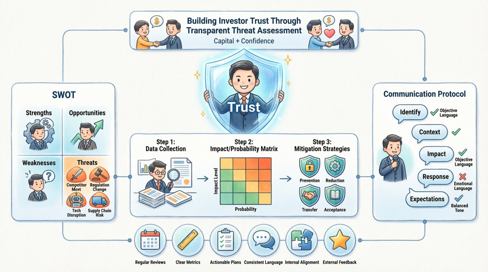 Chibi-style infographic illustrating how to build investor trust through transparent threat assessment: features cute business characters demonstrating SWOT analysis focused on threats, 3-step risk assessment methodology (data collection, impact scoring, mitigation strategies), communication protocols for investor relations, and best practices checklist; visual elements include risk matrix, flowcharts, and icons for market shifts, regulatory changes, competitive pressure, and supply chain risks; professional blue-teal color scheme with friendly chibi art style, 16:9 aspect ratio, English labels