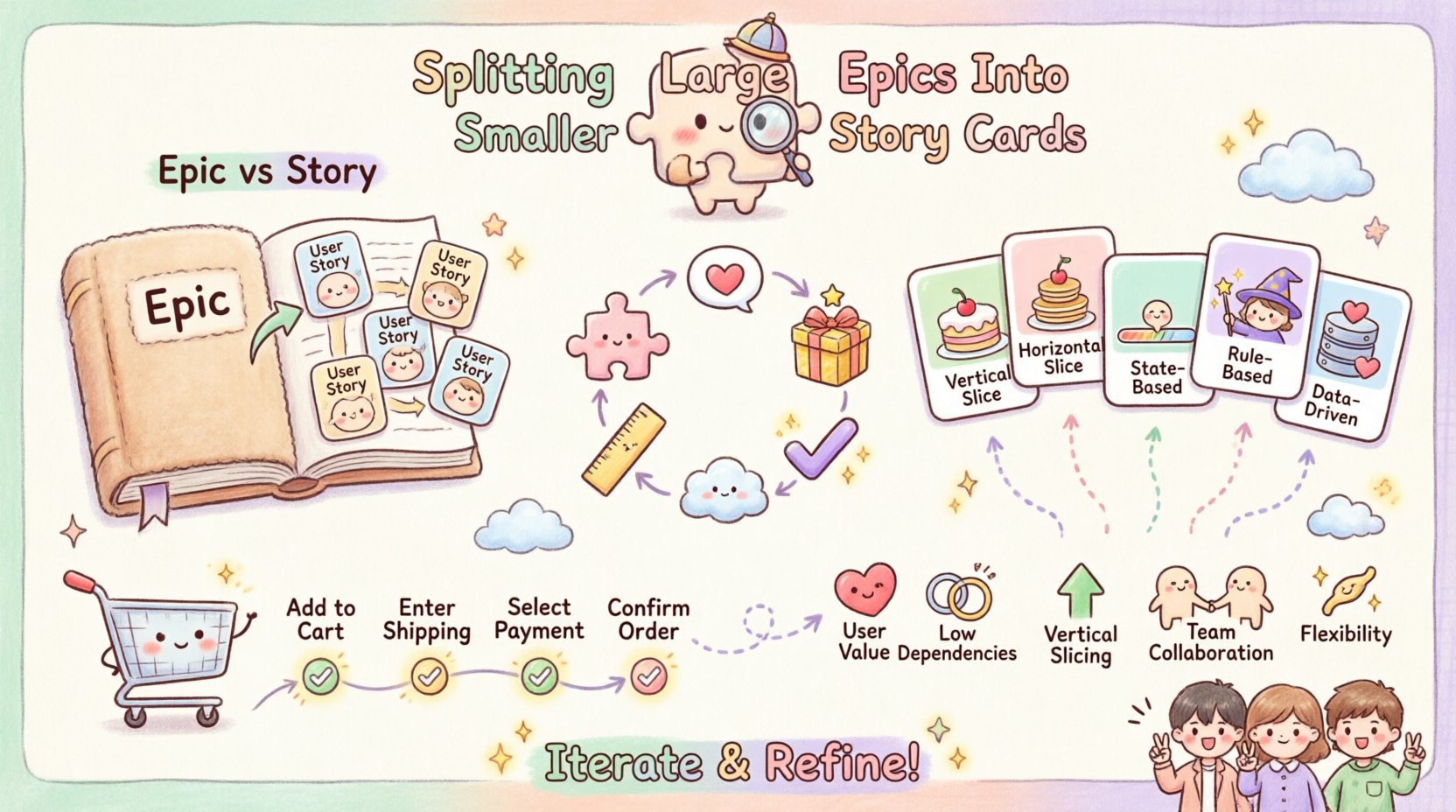 Kawaii-style infographic illustrating how to split large agile epics into smaller user stories, featuring cute chibi characters, the INVEST criteria icons, five splitting techniques (vertical slicing, horizontal slicing, state-based, rule-based, data-driven), an e-commerce checkout case study workflow, and agile best practices checklist in soft pastel colors with playful hand-drawn elements