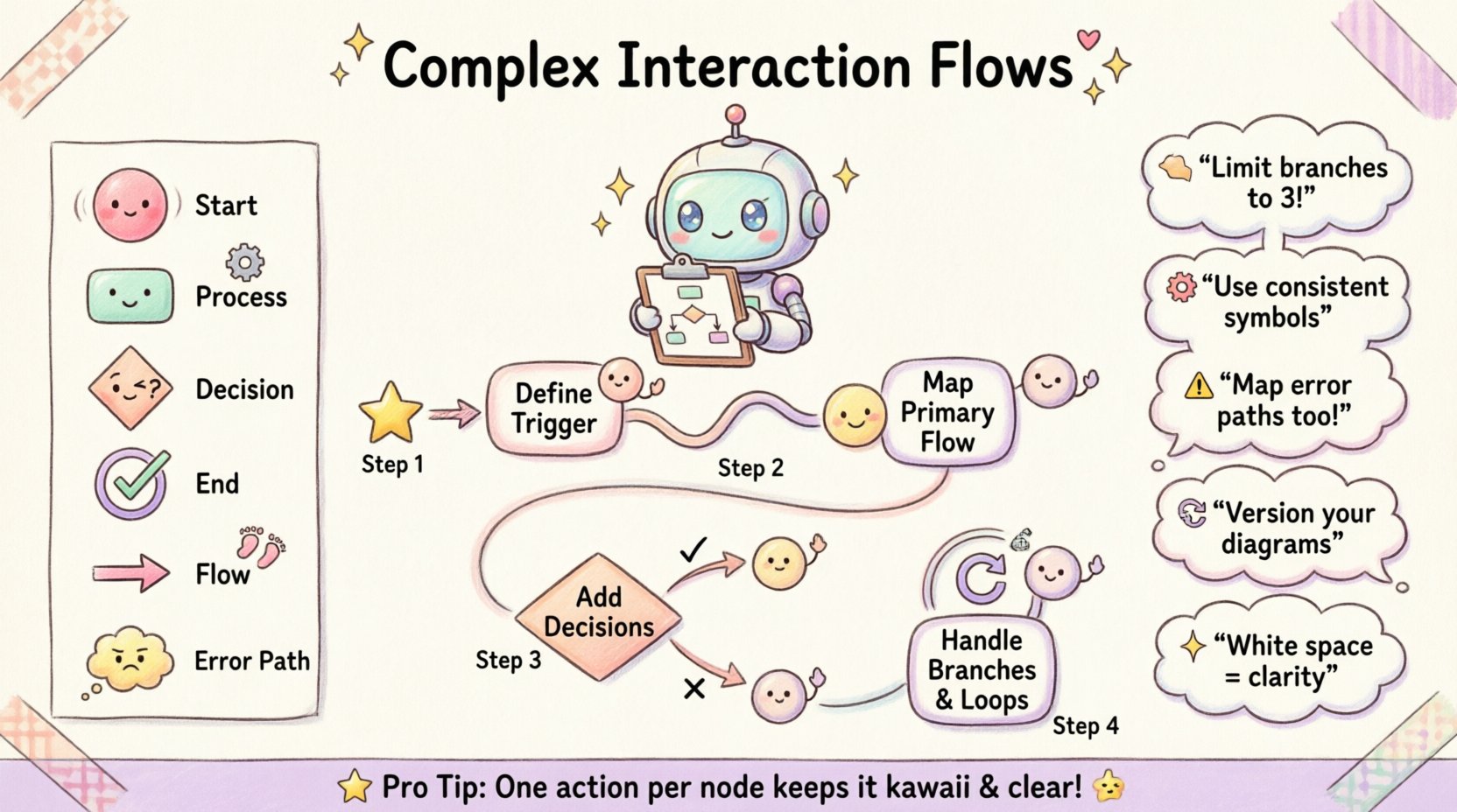 Kawaii-style infographic illustrating a step-by-step guide to constructing complex interaction flows diagrams, featuring cute pastel-colored symbols for start nodes, processes, decisions, and error handling, with a chibi robot mascot and visual tips for creating clear UML interaction overview diagrams