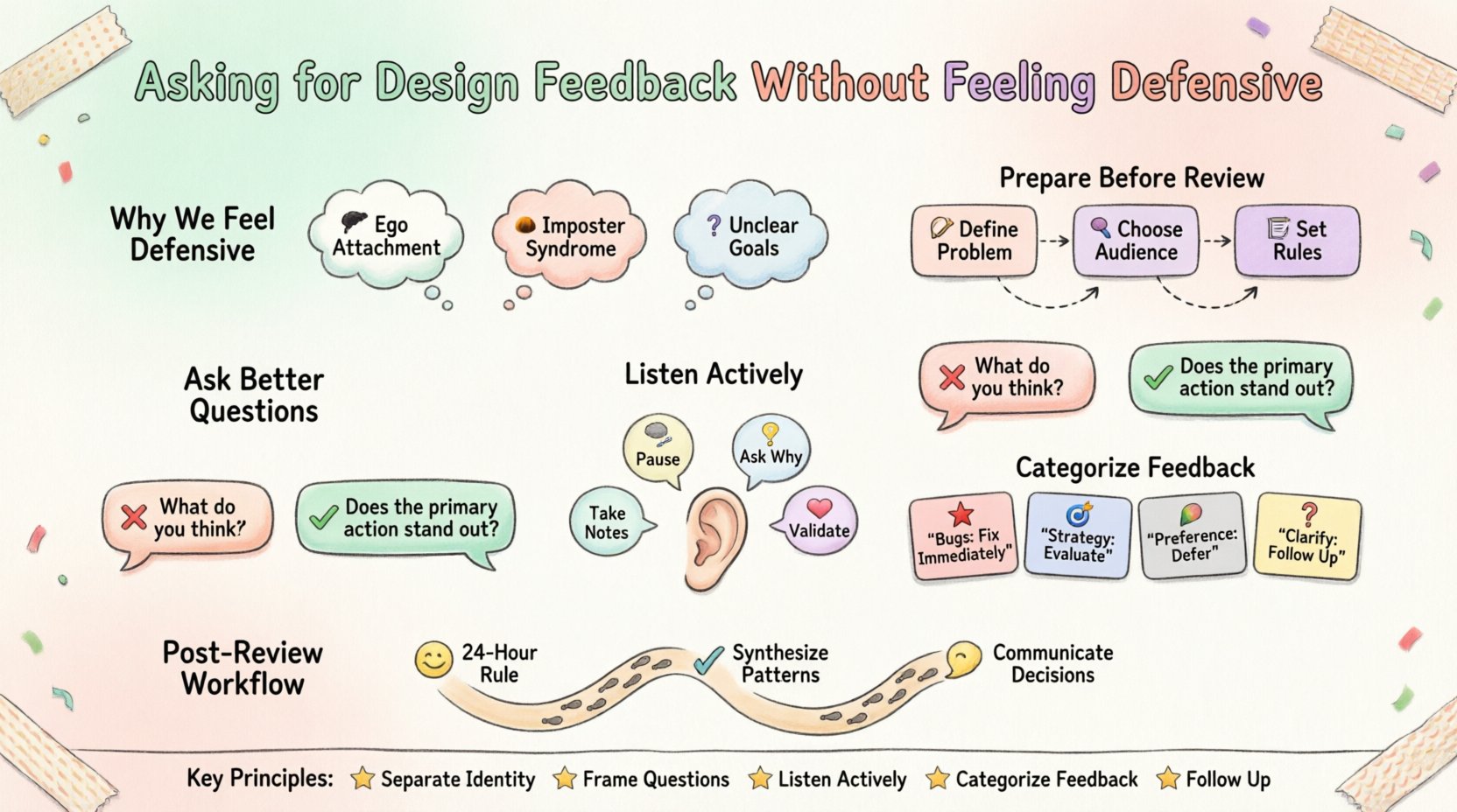 Kawaii-style infographic: Asking for Design Feedback Without Feeling Defensive - visual guide showing roots of defensiveness, preparation strategies, effective questioning techniques, active listening tips, feedback categorization framework, and post-review workflow for UX designers, featuring cute pastel illustrations and friendly designer character