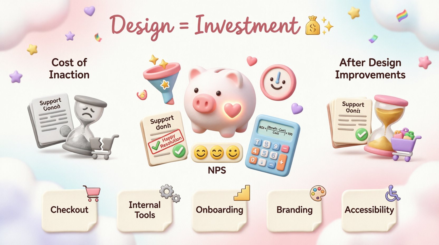 Kawaii-style infographic illustrating how to prove ROI for design initiatives: features cute chibi designer character, ROI calculation formula, hard vs soft metrics icons, cost of inaction versus benefits comparison, initiative type metrics table, and stakeholder presentation tips in pastel colors with playful hearts and stars decorative elements