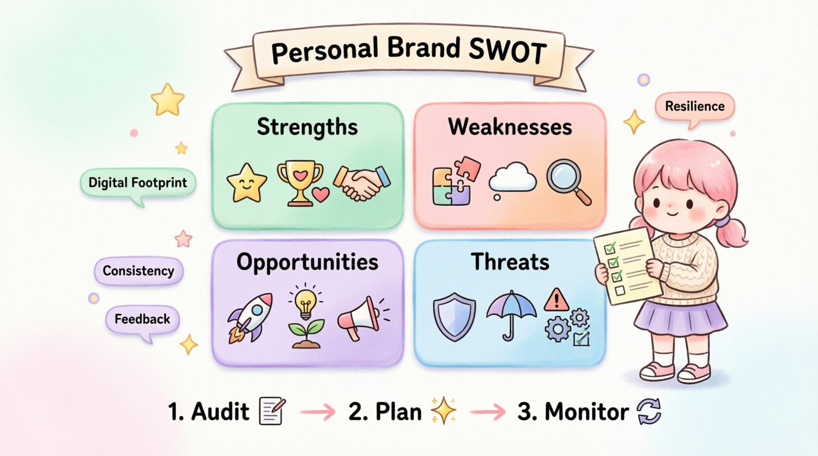 Kawaii cute vector infographic illustrating SWOT analysis for personal brand reputation management, featuring four pastel-colored quadrants for Strengths, Weaknesses, Opportunities, and Threats with rounded icons, a friendly character guide, and actionable steps for safeguarding professional image online in digital age