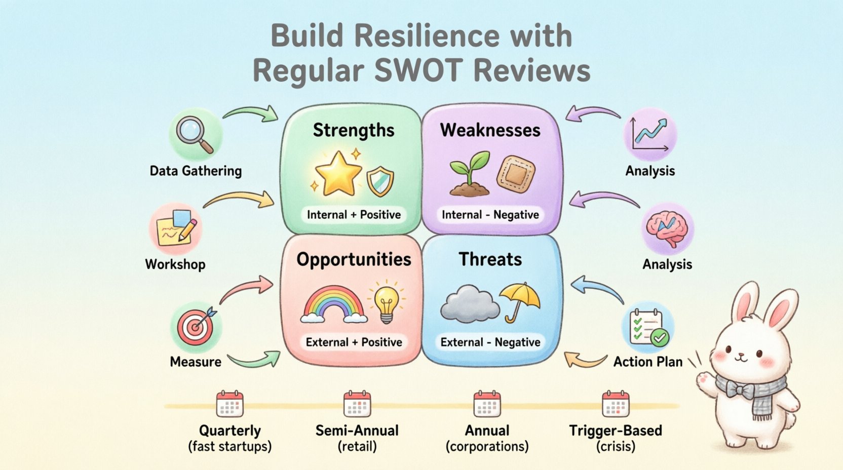 Cute pastel kawaii infographic illustrating how regular SWOT analysis reviews build organizational resilience, featuring four rounded quadrants for Strengths (sparkly shield), Weaknesses (nurtured sprout), Opportunities (rainbow lightbulb), and Threats (umbrella cloud) with soft pastel colors, a cyclical review process flow from data gathering to action planning, review frequency timeline for different industries, and a friendly mascot guide, all in simplified vector style with rounded edges optimized for 16:9 display