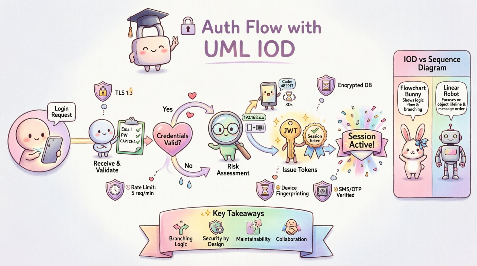 Kawaii-style infographic illustrating authentication flow using UML Interaction Overview Diagram: cute characters guide viewers through login validation, credential verification, risk assessment, MFA triggers, and token issuance with branching decision nodes, security checkpoints, and key takeaways for architects and developers