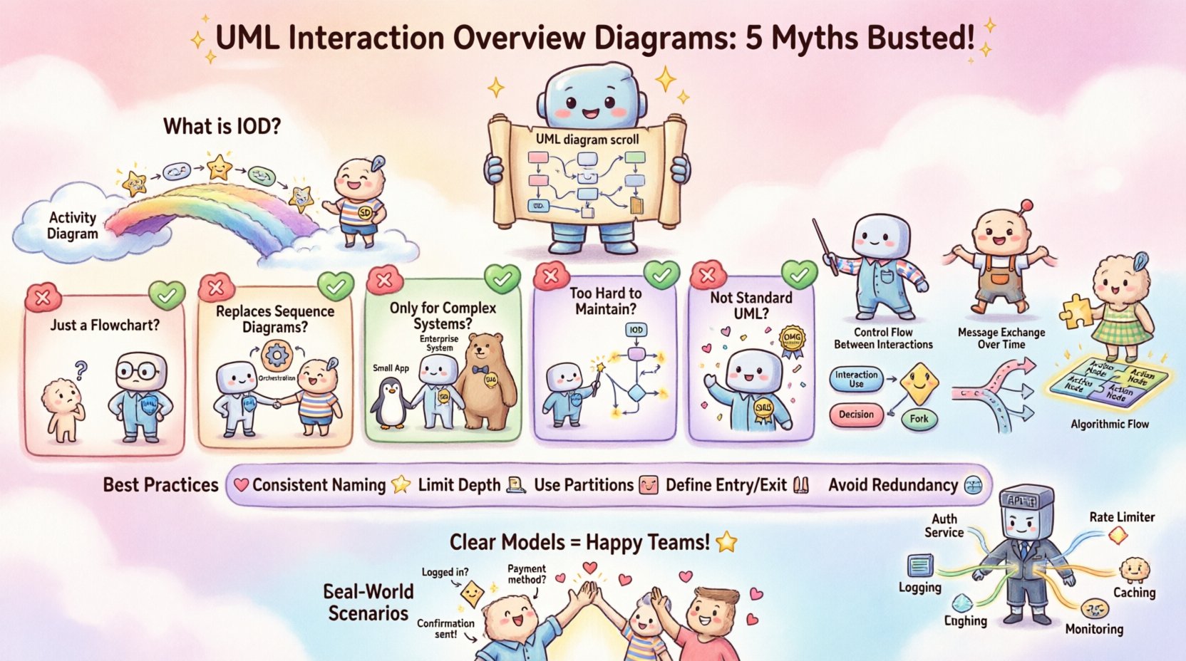 Kawaii-style infographic debunking 5 myths about UML Interaction Overview Diagrams: featuring cute mascot characters explaining that IODs are not just flowcharts, don't replace sequence diagrams, work for systems of any size, are maintainable with best practices, and are official UML 2.5 standard; includes comparison of IOD vs Sequence vs Activity diagrams, implementation tips, and real-world e-commerce and API gateway examples in pastel colors with playful illustrations