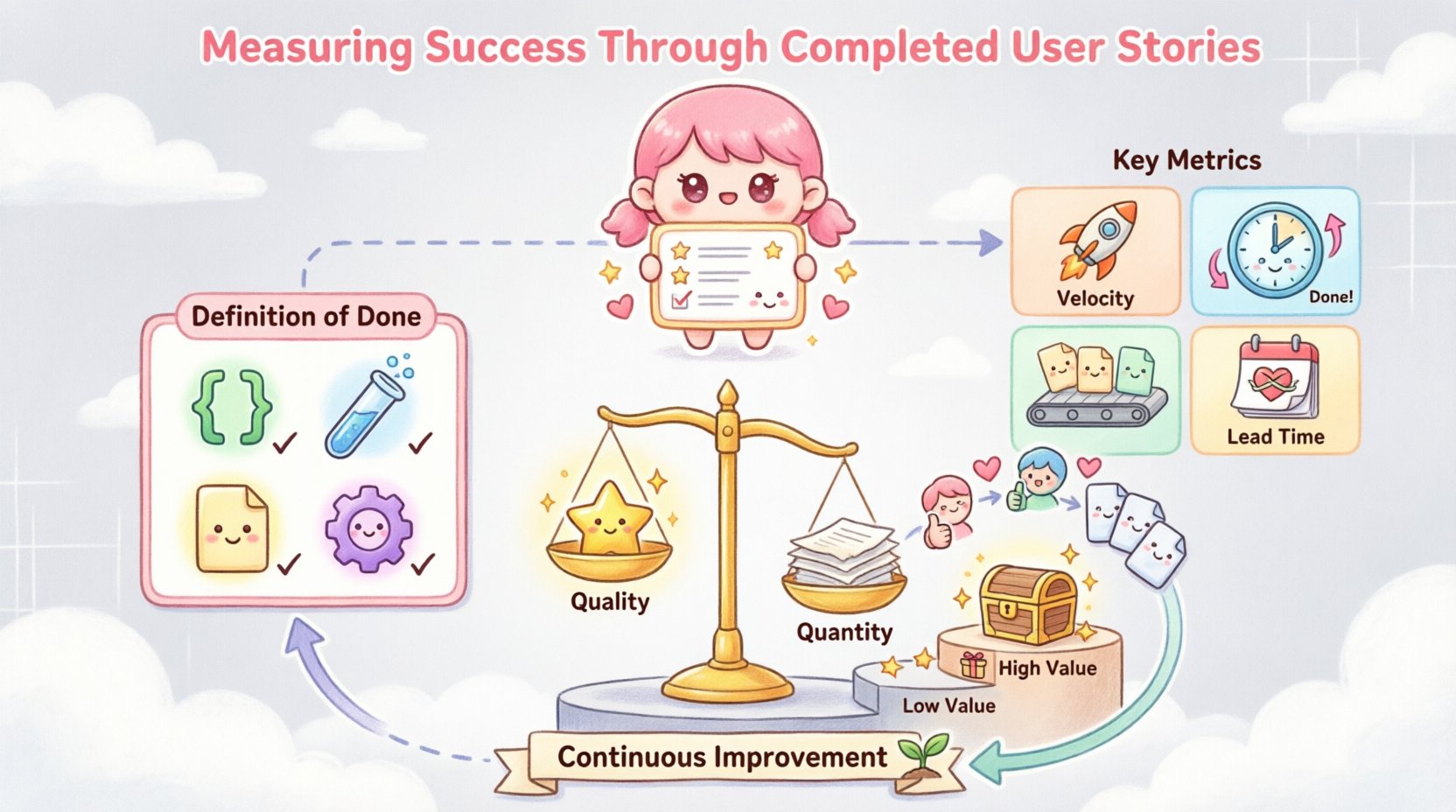 Kawaii-style infographic illustrating how to measure agile project success through completed user stories, featuring Definition of Done checklist, key metrics (velocity, cycle time, throughput, lead time), quality vs quantity balance, feedback loops, strategic value tiers, and continuous improvement cycle with cute pastel icons and characters