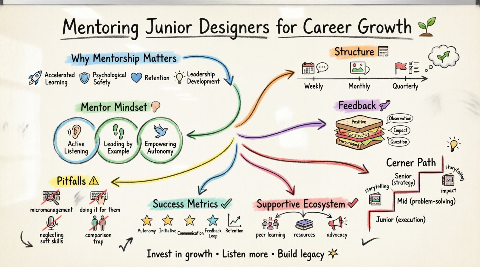 Hand-drawn whiteboard infographic illustrating key strategies for mentoring junior UX designers: why mentorship matters (accelerated learning, psychological safety, retention, leadership), mentor mindset (active listening, leading by example, empowering autonomy), structured relationship cadence (weekly check-ins, monthly deep dives, quarterly goals), constructive feedback techniques (sandwich method, observation-impact-question framework), career trajectory levels (junior to senior), common pitfalls to avoid (micromanagement, doing work for them, neglecting soft skills, comparison), success metrics (autonomy, initiative, communication, feedback loop, retention), and building a supportive ecosystem (peer learning, resource sharing, advocacy), all depicted with colorful marker illustrations, icons, and flow connections on a whiteboard texture background