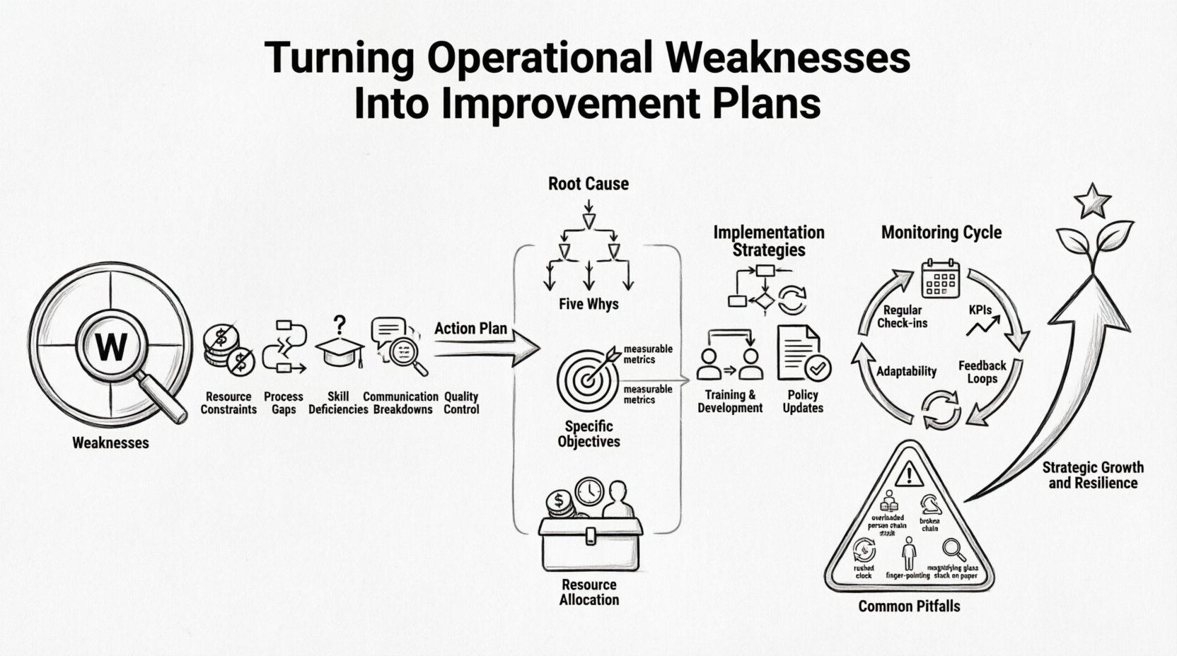 Line art infographic illustrating the process of turning operational weaknesses into strategic improvement plans using SWOT analysis, featuring five weakness categories, root cause analysis with Five Whys, three-step action planning, implementation strategies, monitoring cycles with KPIs, and sustainable growth outcomes for business optimization