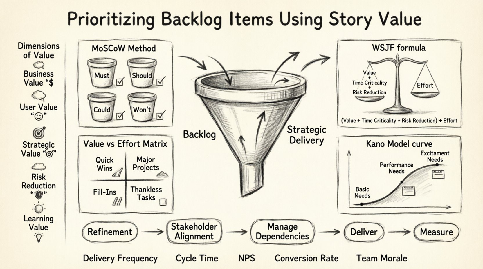 Charcoal sketch infographic illustrating how to prioritize product backlog items using story value, featuring four key techniques: MoSCoW method buckets, WSJF scoring formula, Value vs Effort matrix quadrants, and Kano Model curve, plus dimensions of value (business, user, strategic, risk, learning), a refinement-to-delivery workflow, and success metrics for agile product teams